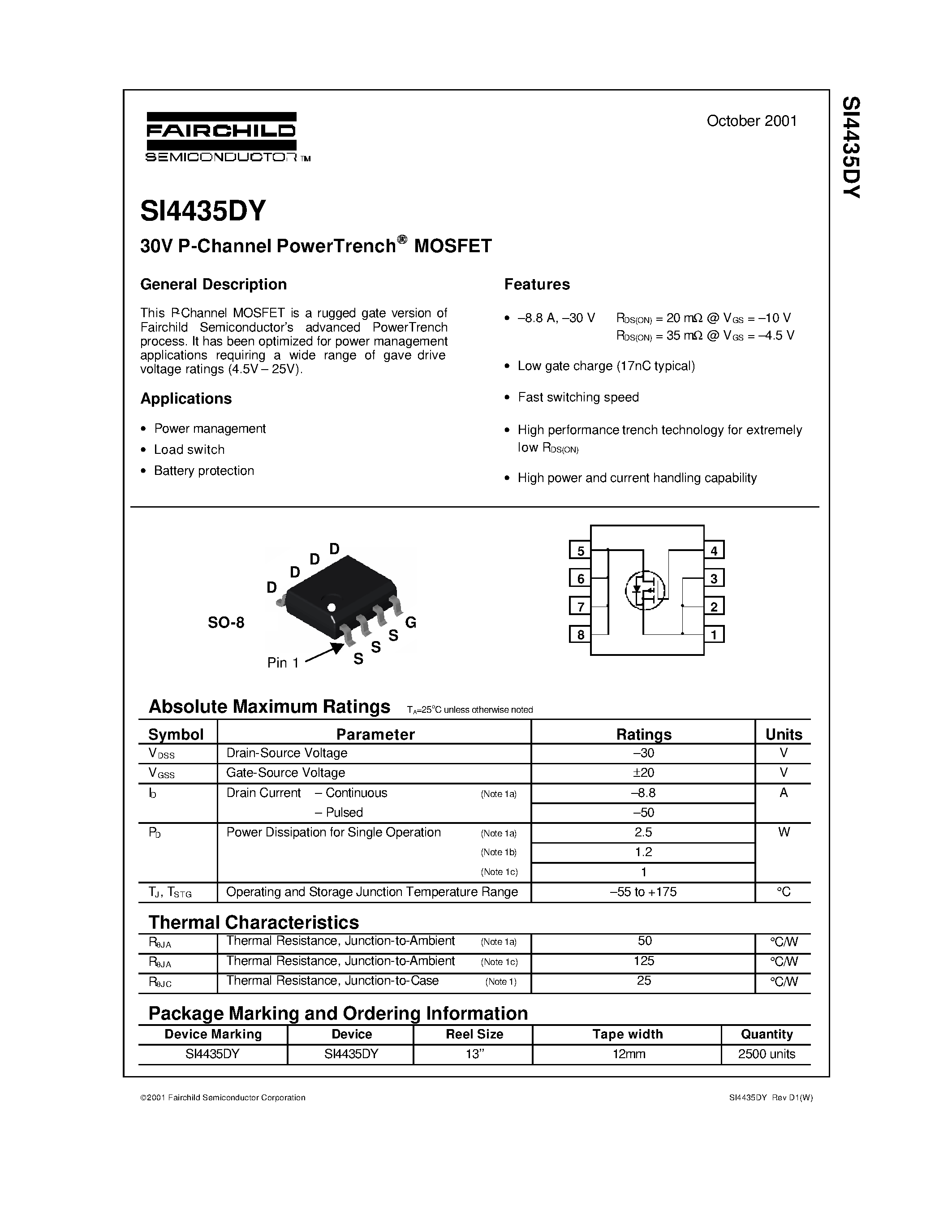Даташит на микросхему SI4435DY страница 1 Даташит SI4435DY - 30V P-Channel PowerTrench MOSFET страница 1