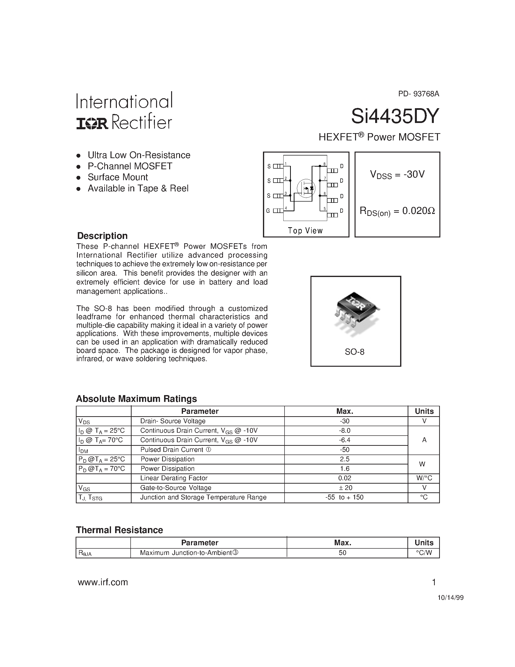 Datasheet SI4435DY page 1 Datasheet SI4435DY - Power MOSFET(Vdss=-30V/ Rds(on)=0.020ohm page 1