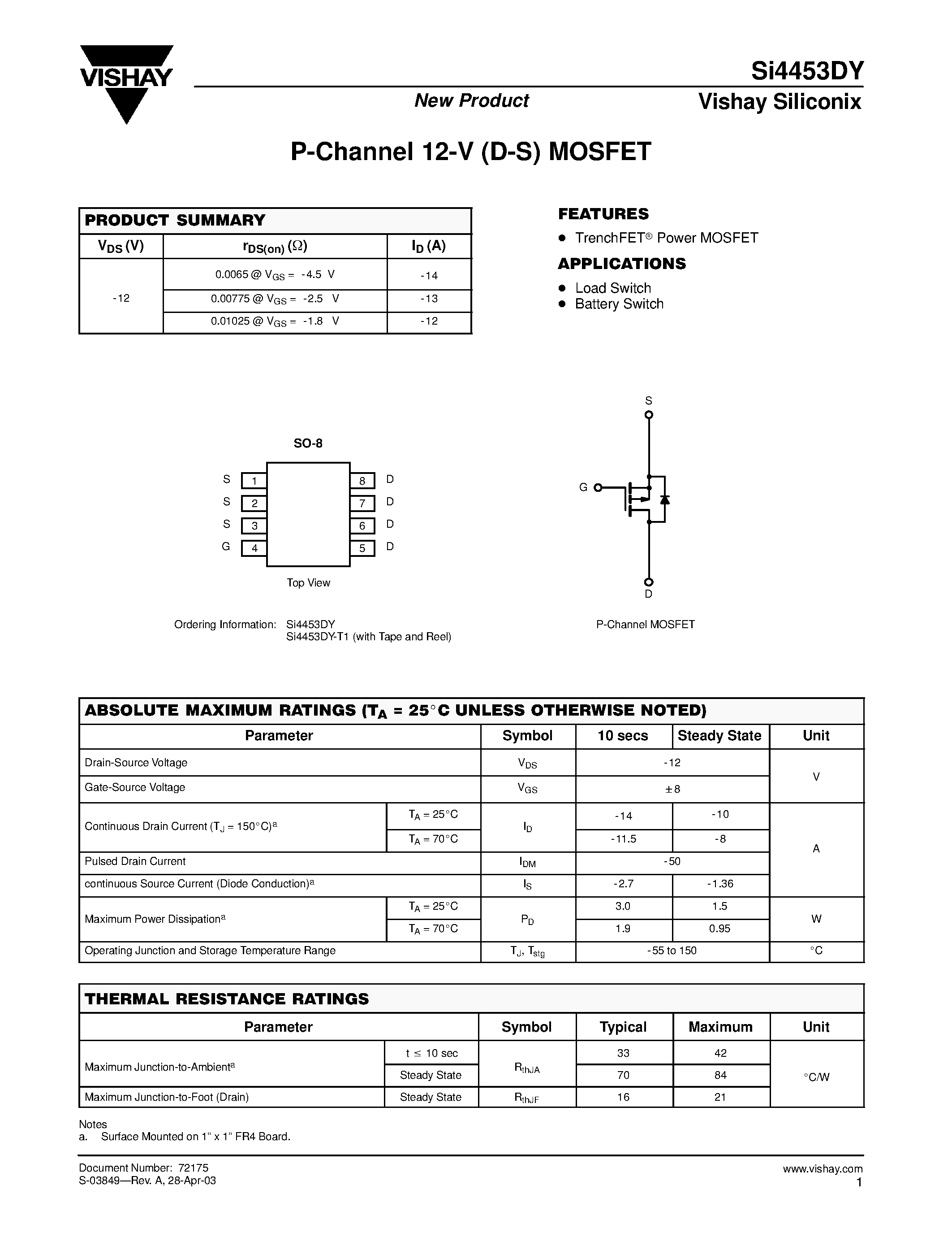 Даташит на микросхему SI4453DY страница 1 Даташит SI4453DY - P-Channel 12-V (D-S) MOSFET страница 1