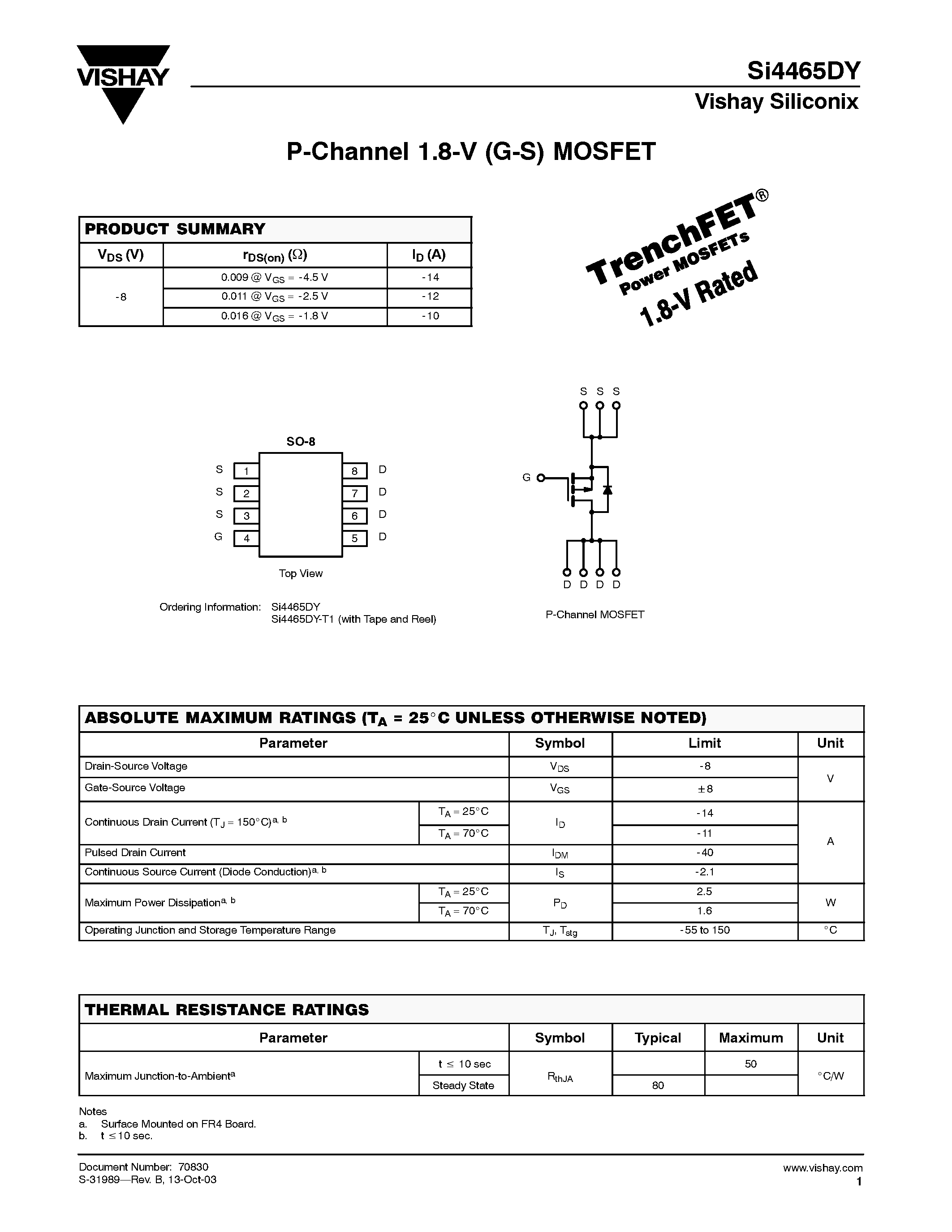 Даташит на микросхему SI4465DY страница 1 Даташит SI4465DY - P-Channel 1.8-V (G-S) MOSFET страница 1