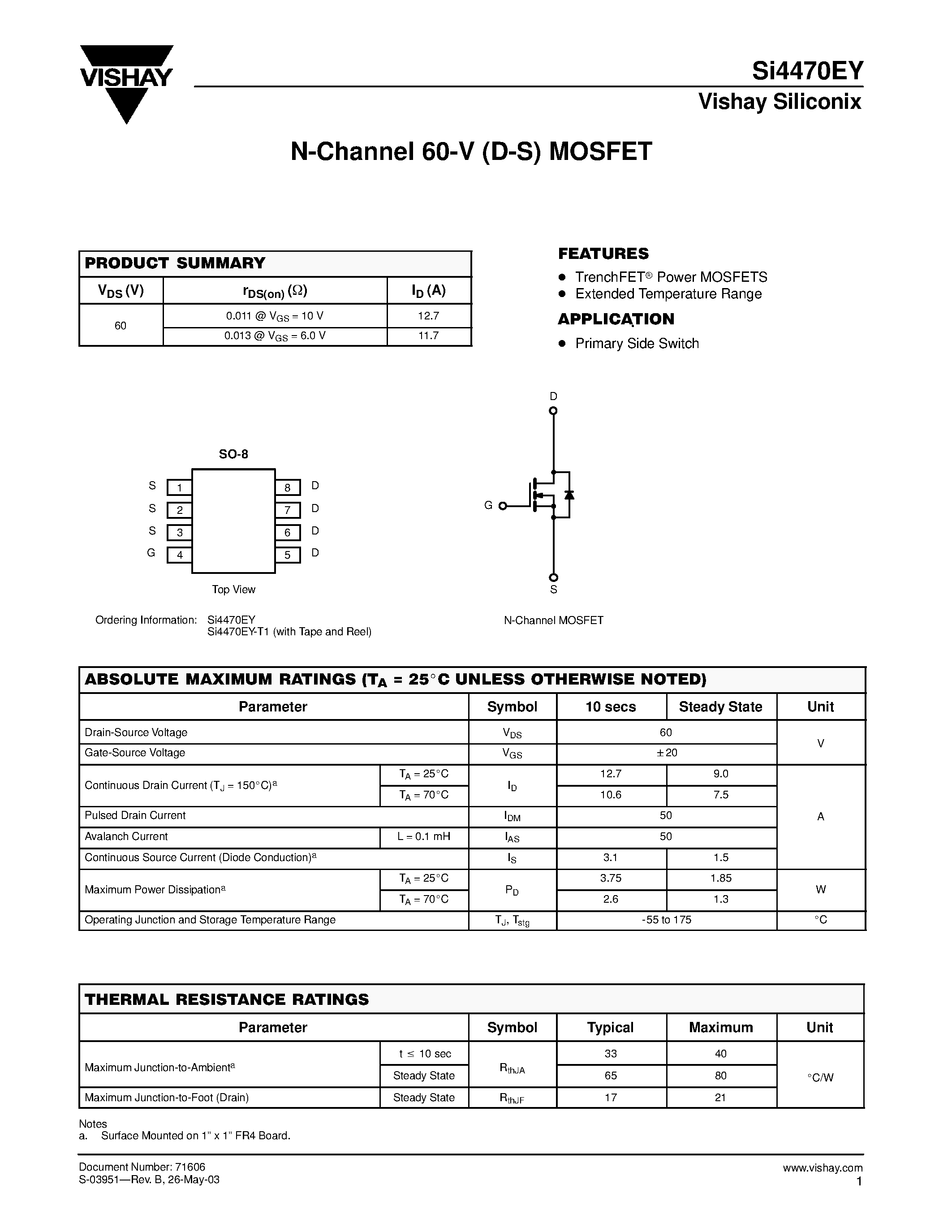 Даташит SI4470EY-T1 - N-Channel 60-V (D-S) MOSFET страница 1