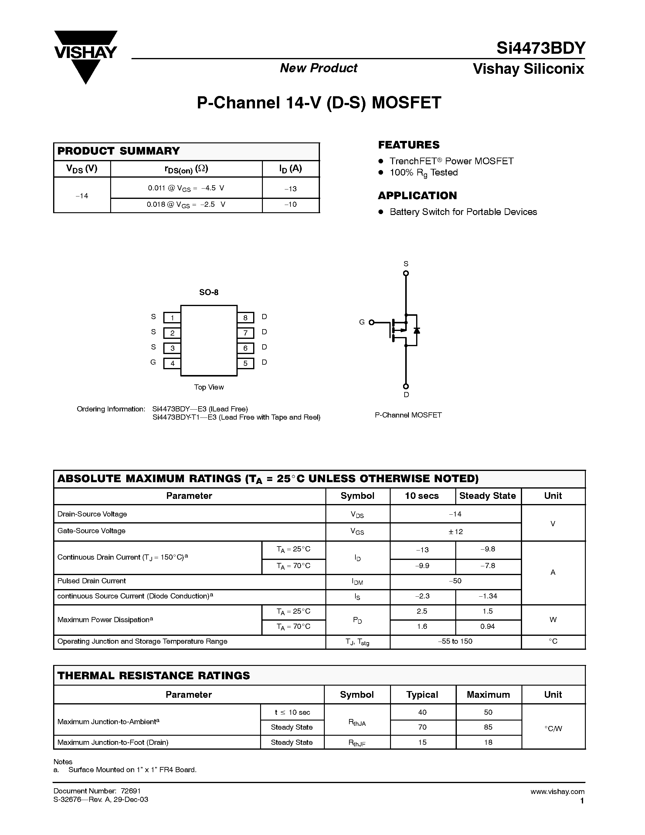 Datasheet SI4473BDY - P-Channel 14-V (D-S) MOSFET page 1
