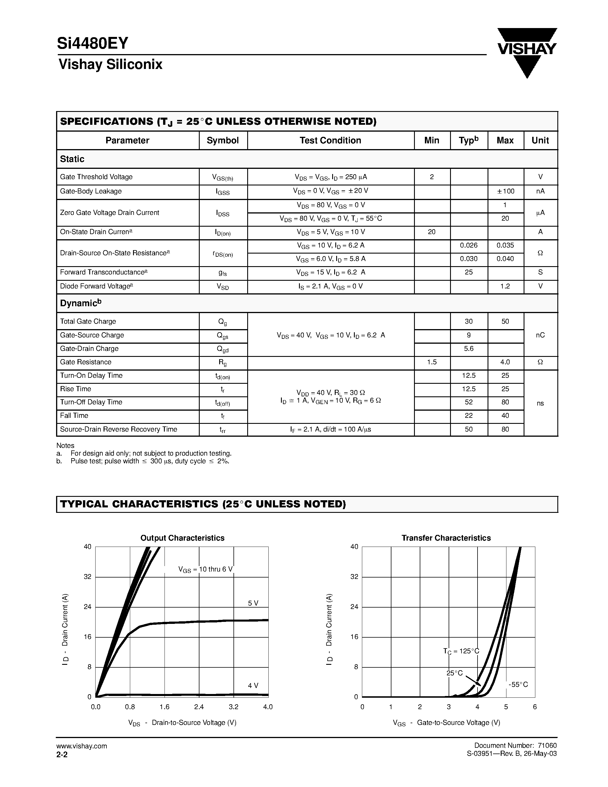 Даташит SI4480EY - N-Channel 80-V (D-S) MOSFET страница 2