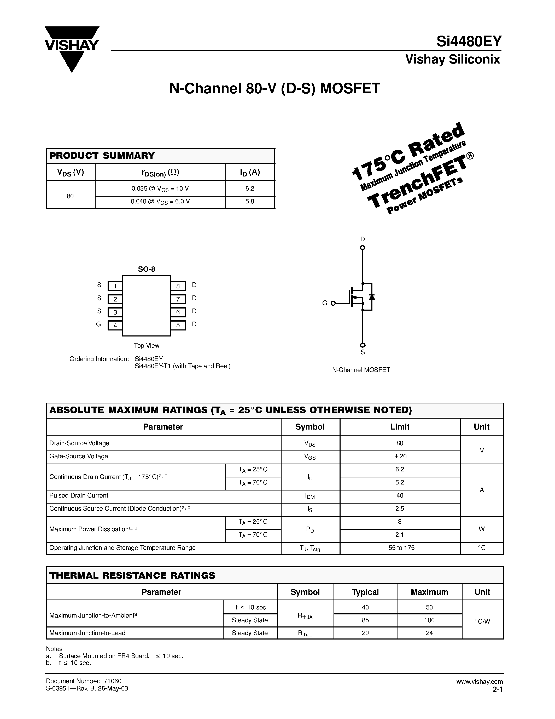 Даташит SI4480EY-T1 - N-Channel 80-V (D-S) MOSFET страница 1