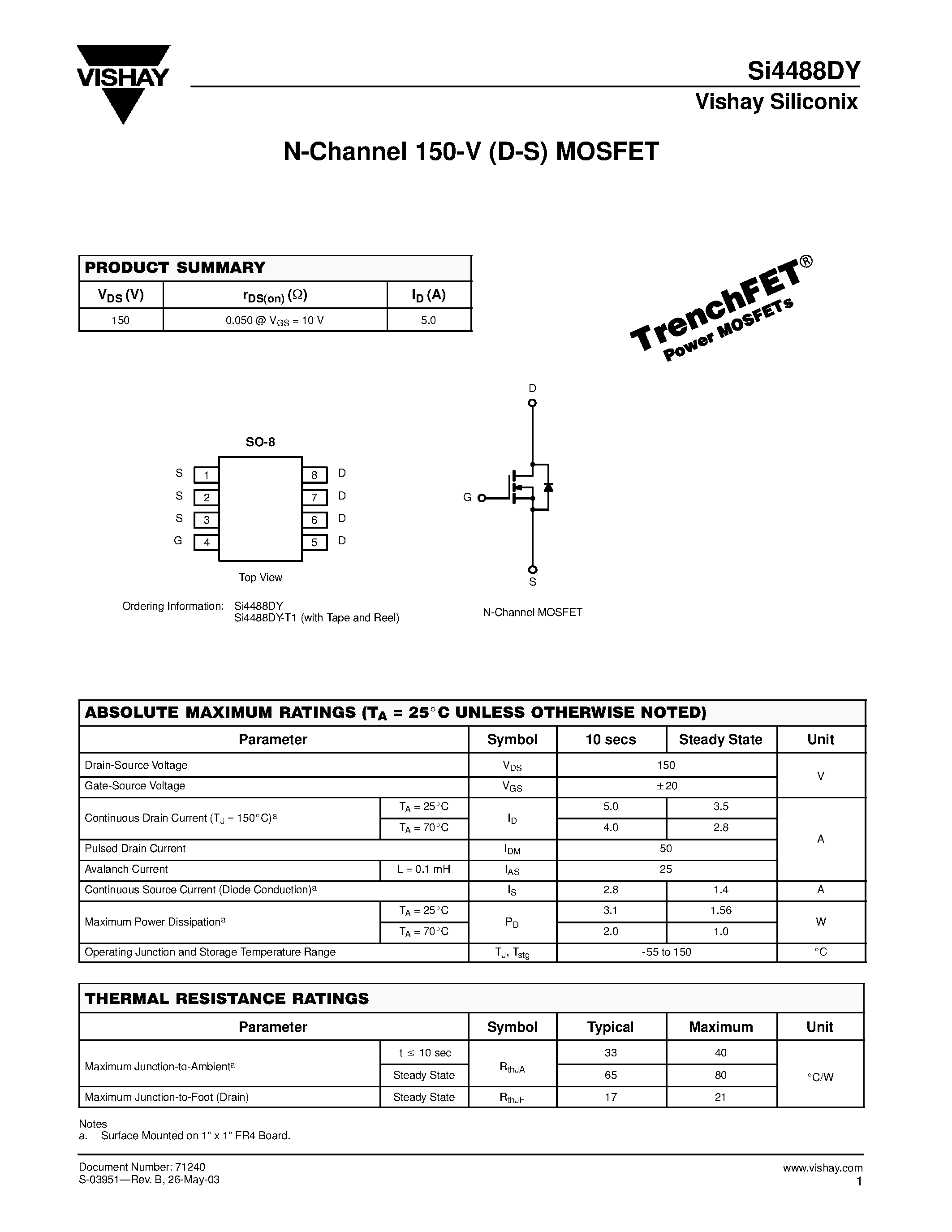Datasheet SI4488DY - N-Channel 150-V (D-S) MOSFET page 1