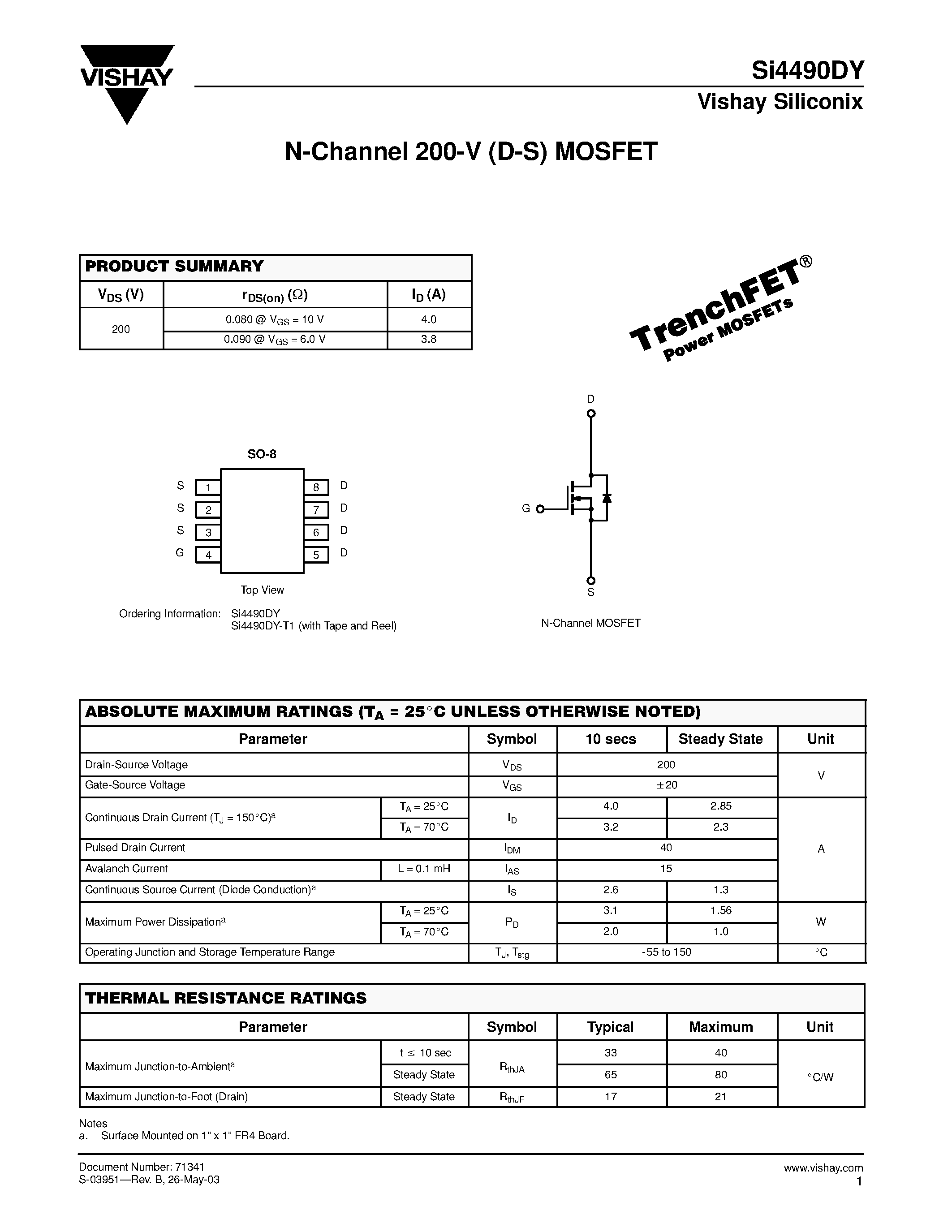 Даташит SI4490DY - N-Channel 200-V (D-S) MOSFET страница 1