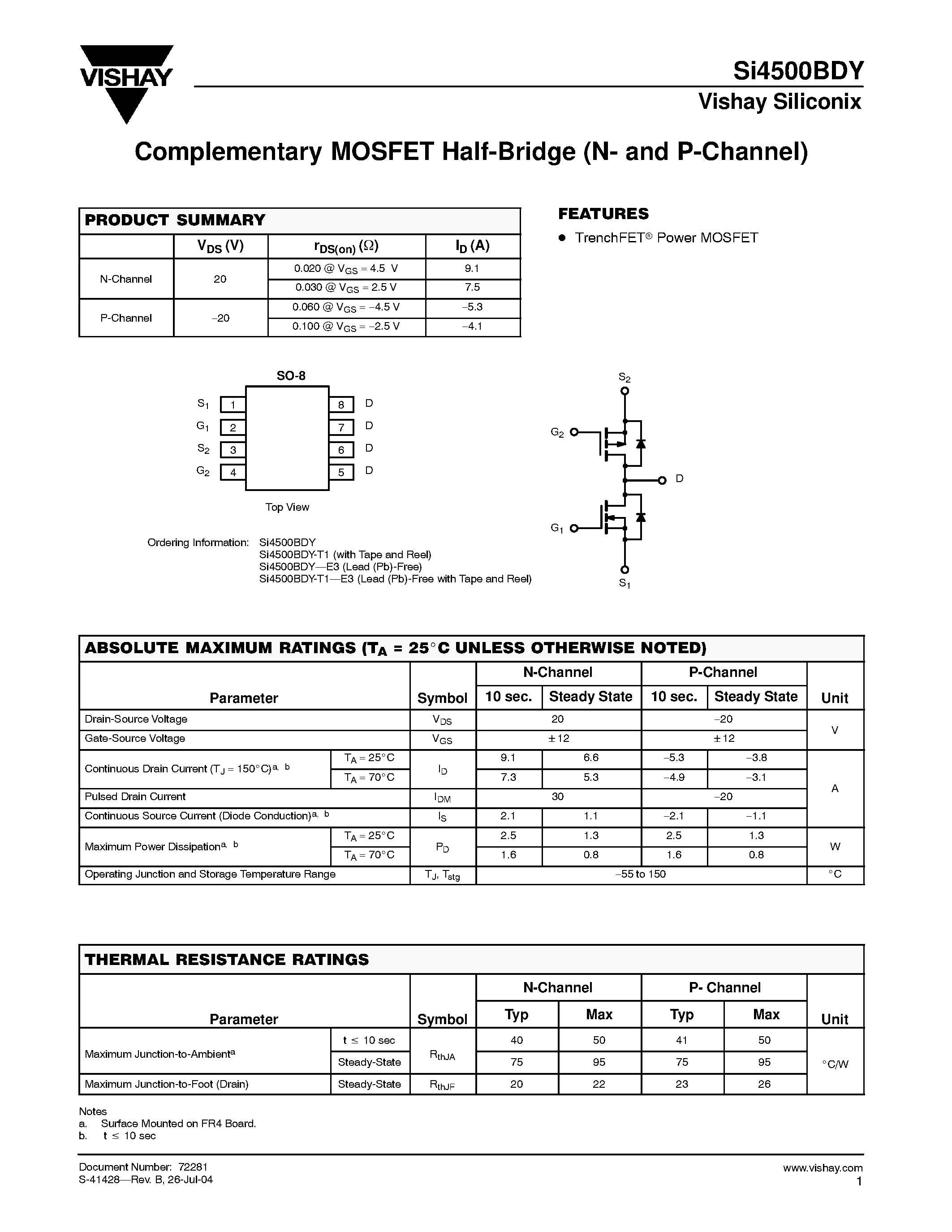 Datasheet SI4500BDY - Complementary MOSFET Half-Bridge (N- and P-Channel) page 1