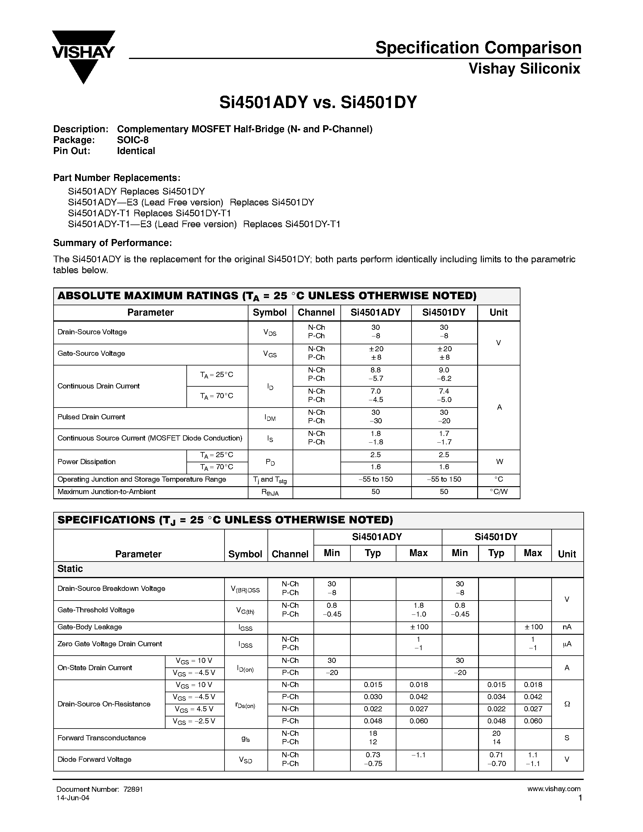 Datasheet SI4501ADY page 1 Datasheet SI4501ADY - Si4501ADY vs. Si4501DY page 1