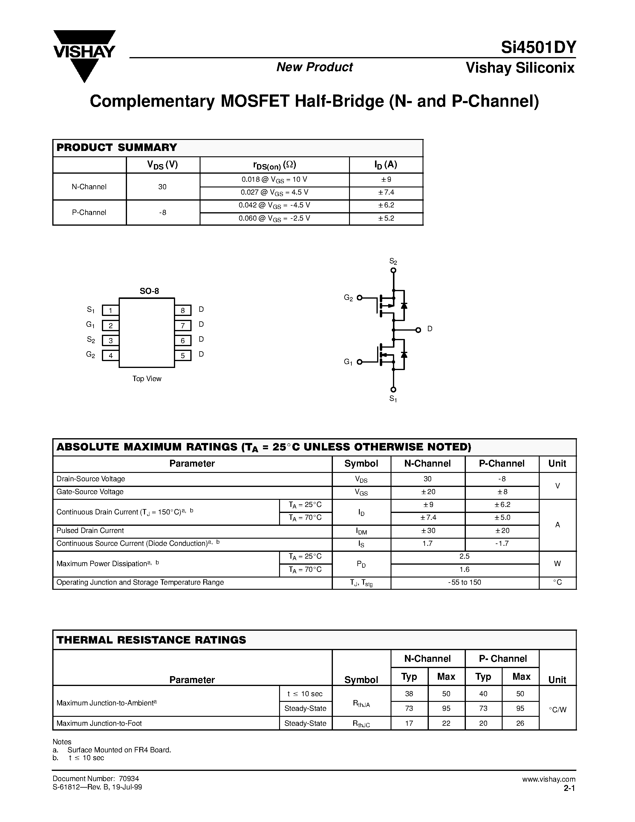 Даташит на микросхему SI4501DY страница 1 Даташит SI4501DY - Complementary MOSFET Half-Bridge (N- and P-Channel) страница 1