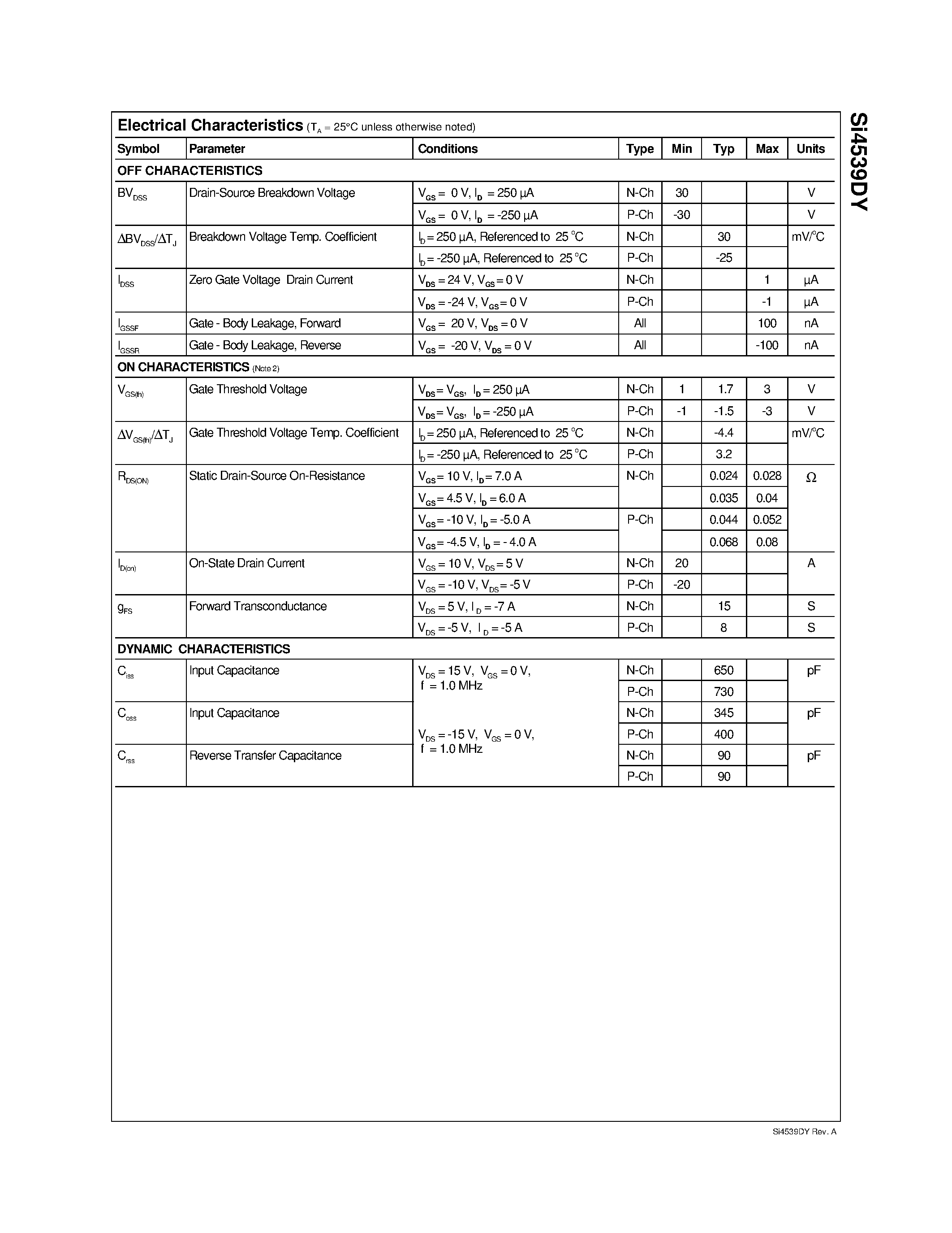 Datasheet SI4539 - Dual N & P-Channel Enhancement Mode Field Effect Transistor page 2
