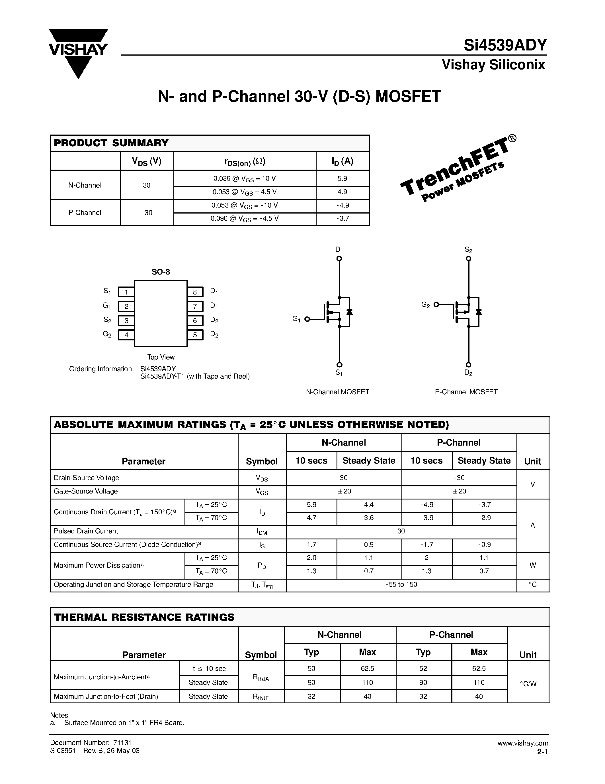 Даташит на микросхему SI4539ADY-T1 страница 1 Даташит SI4539ADY-T1 - N- and P-Channel 30-V (D-S) MOSFET страница 1