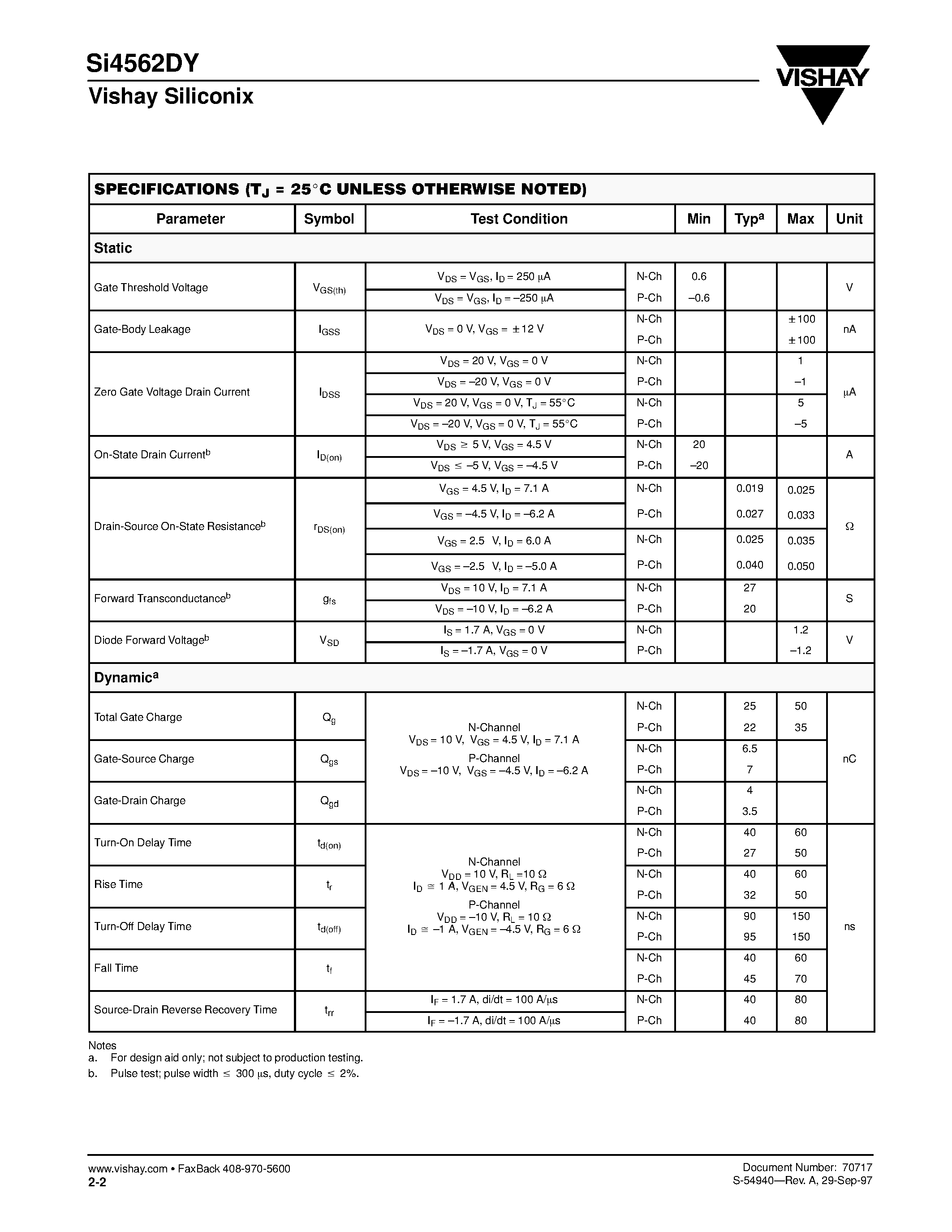 Даташит на микросхему SI4562DY страница 2 Даташит SI4562DY - N- and P-Channel 2.5-V (G-S) MOSFET страница 2