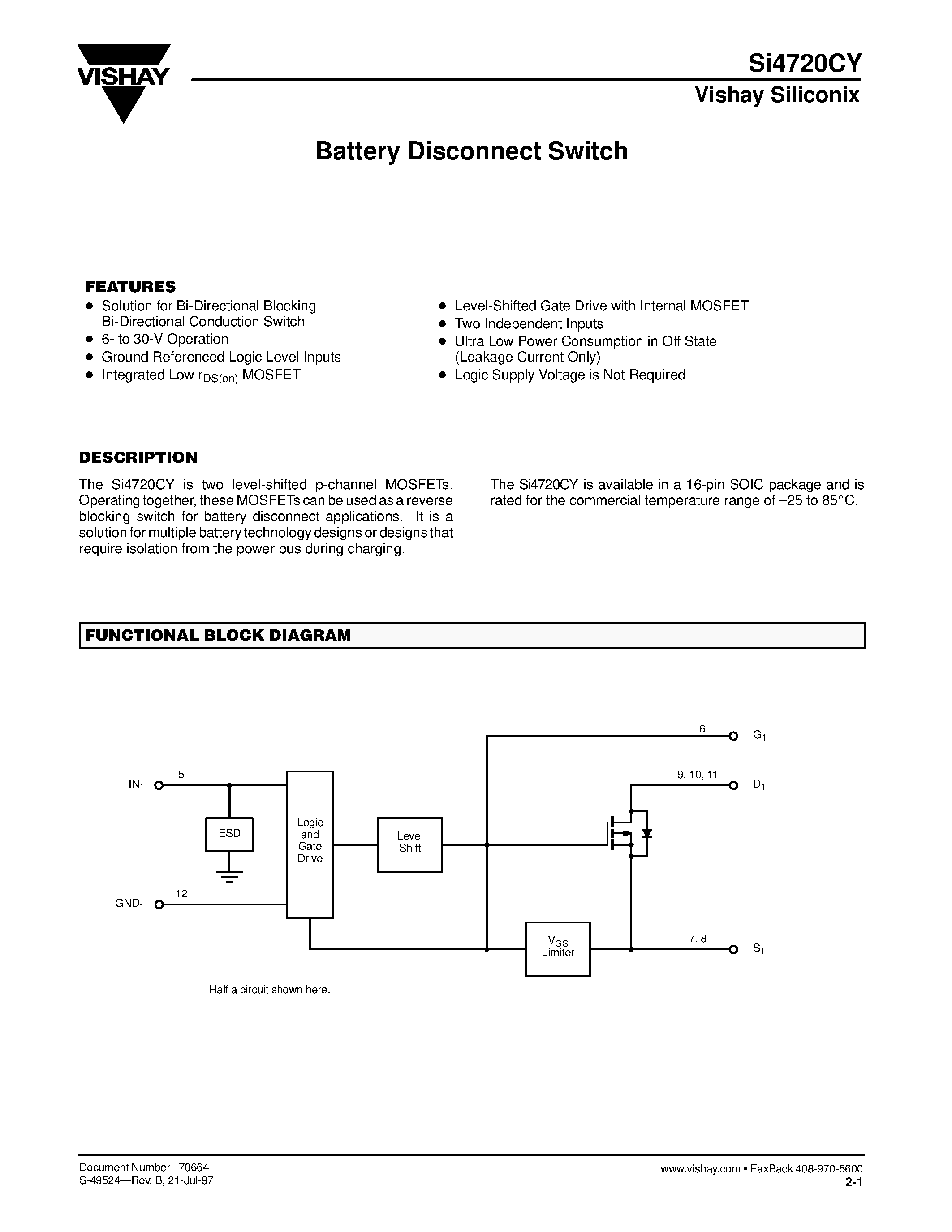 Datasheet SI4720CY - Battery Disconnect Switch page 1