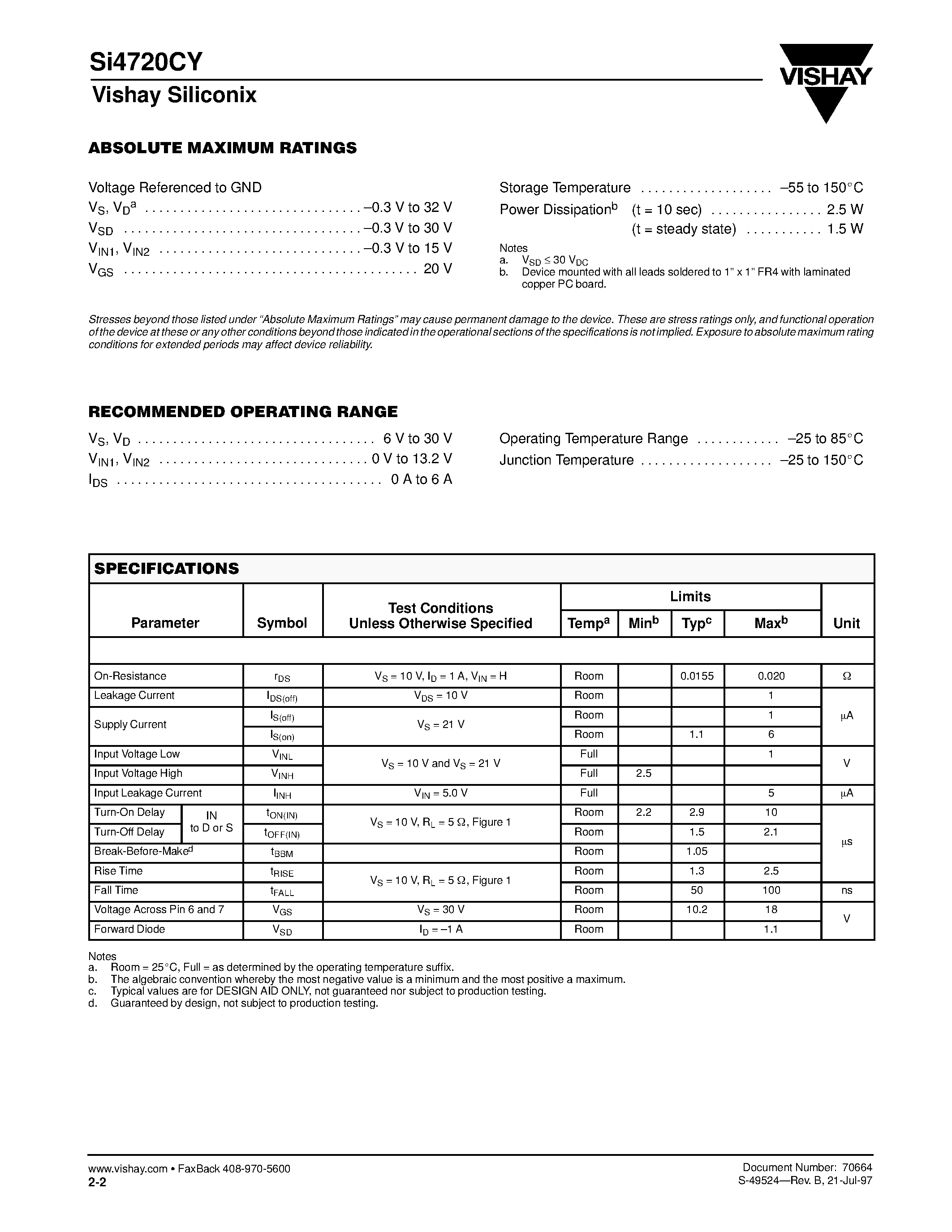 Datasheet SI4720CY - Battery Disconnect Switch page 2