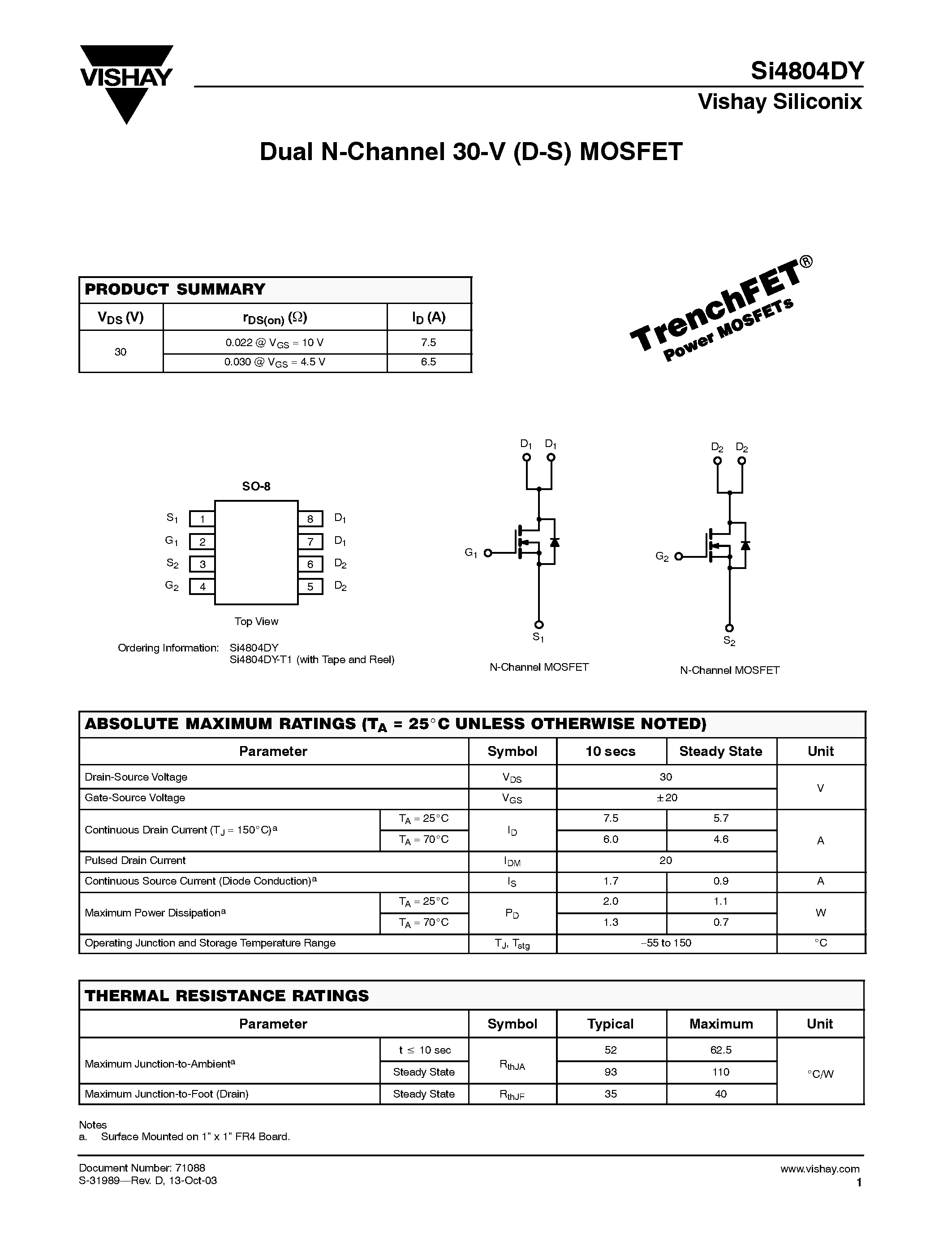Datasheet SI4804DY - Dual N-Channel/ 30-V (D-S) MOSFET Specification Comparison page 1