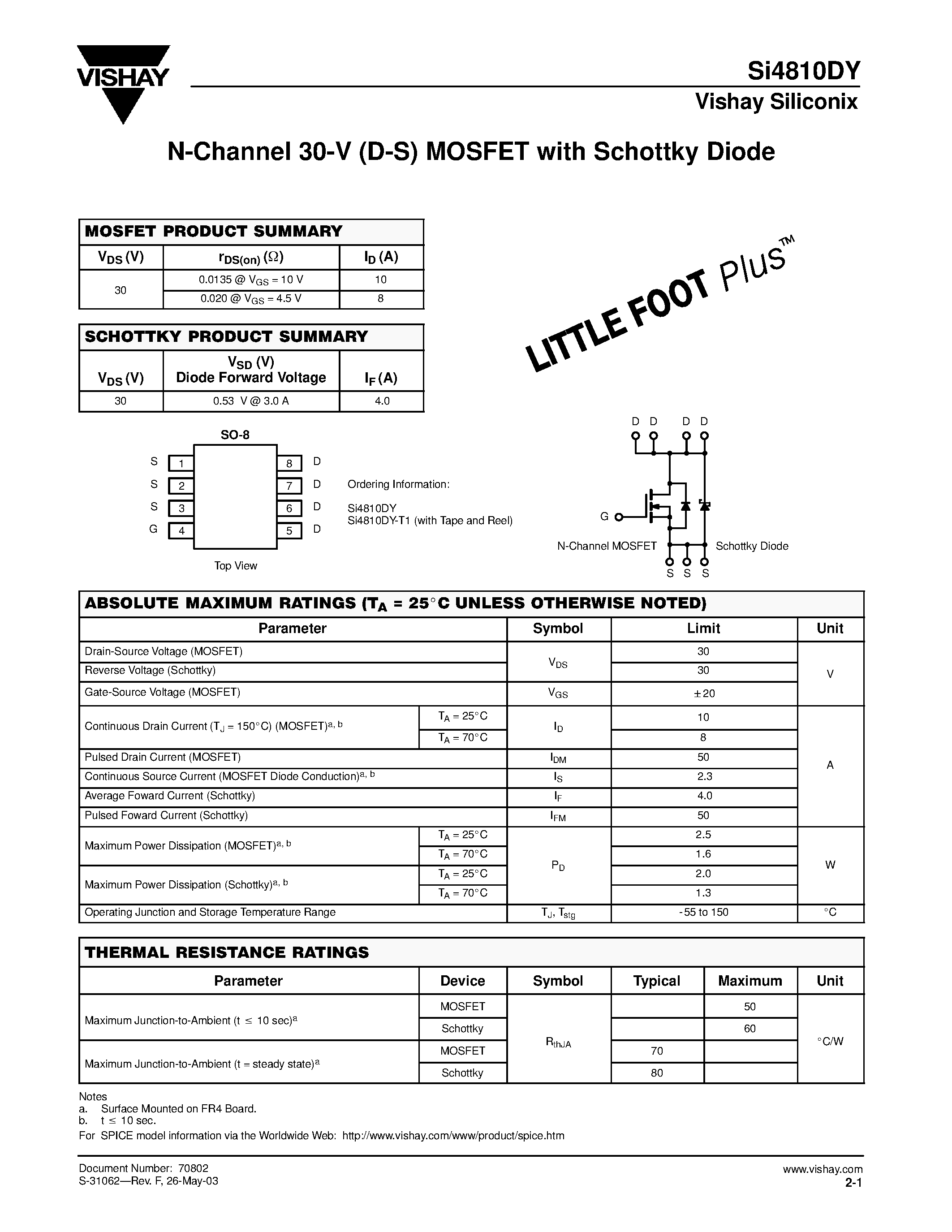 Даташит SI4810DY - N-Channel 30-V (D-S) MOSFET with Schottky Diode страница 1