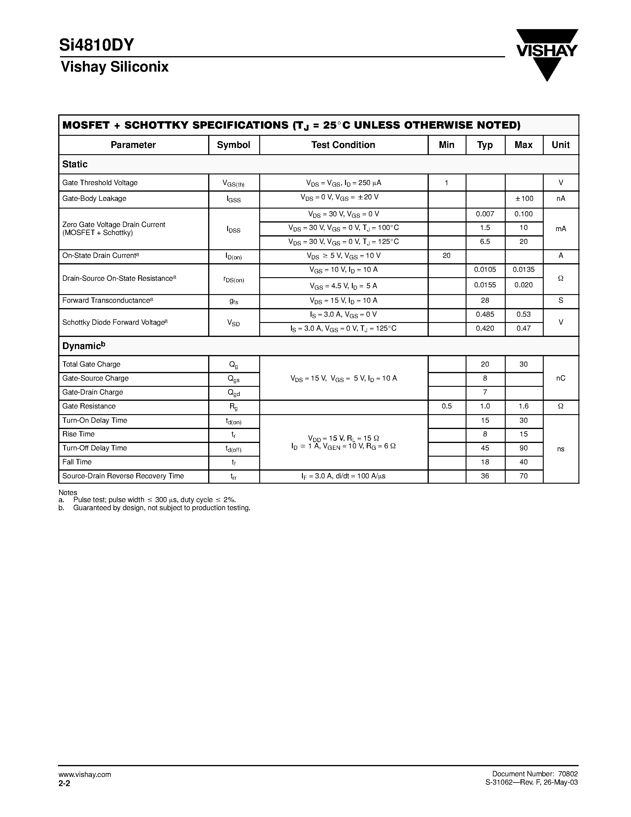 Даташит SI4810DY - N-Channel 30-V (D-S) MOSFET with Schottky Diode страница 2