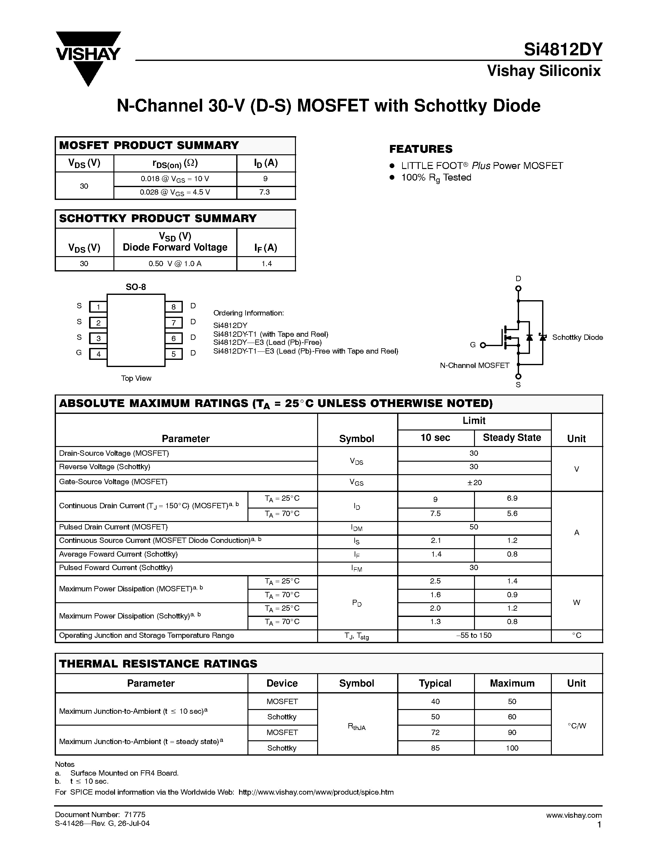 Даташит SI4812DY - N-Channel 30-V (D-S) MOSFET with Schottky Diode страница 1