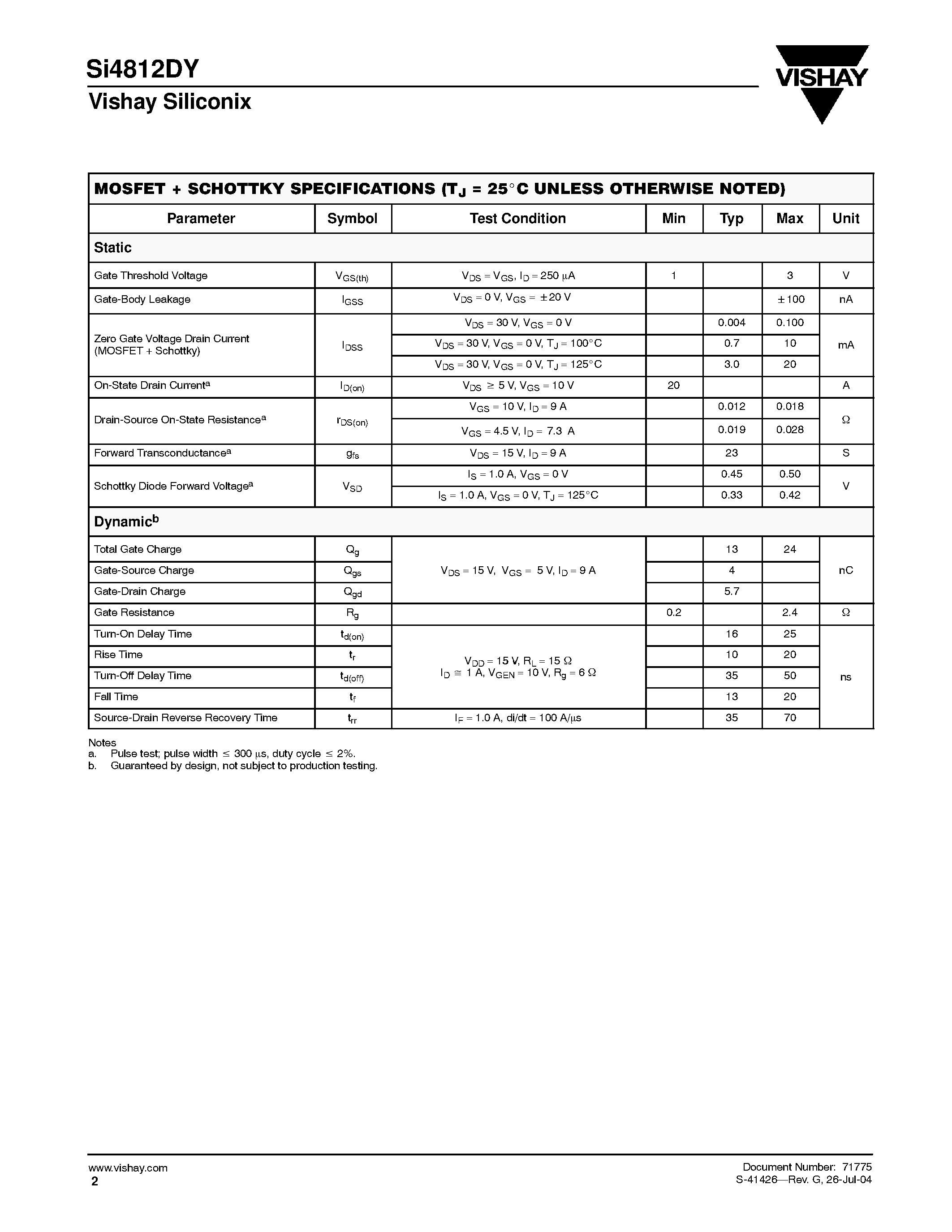 Даташит SI4812DY - N-Channel 30-V (D-S) MOSFET with Schottky Diode страница 2