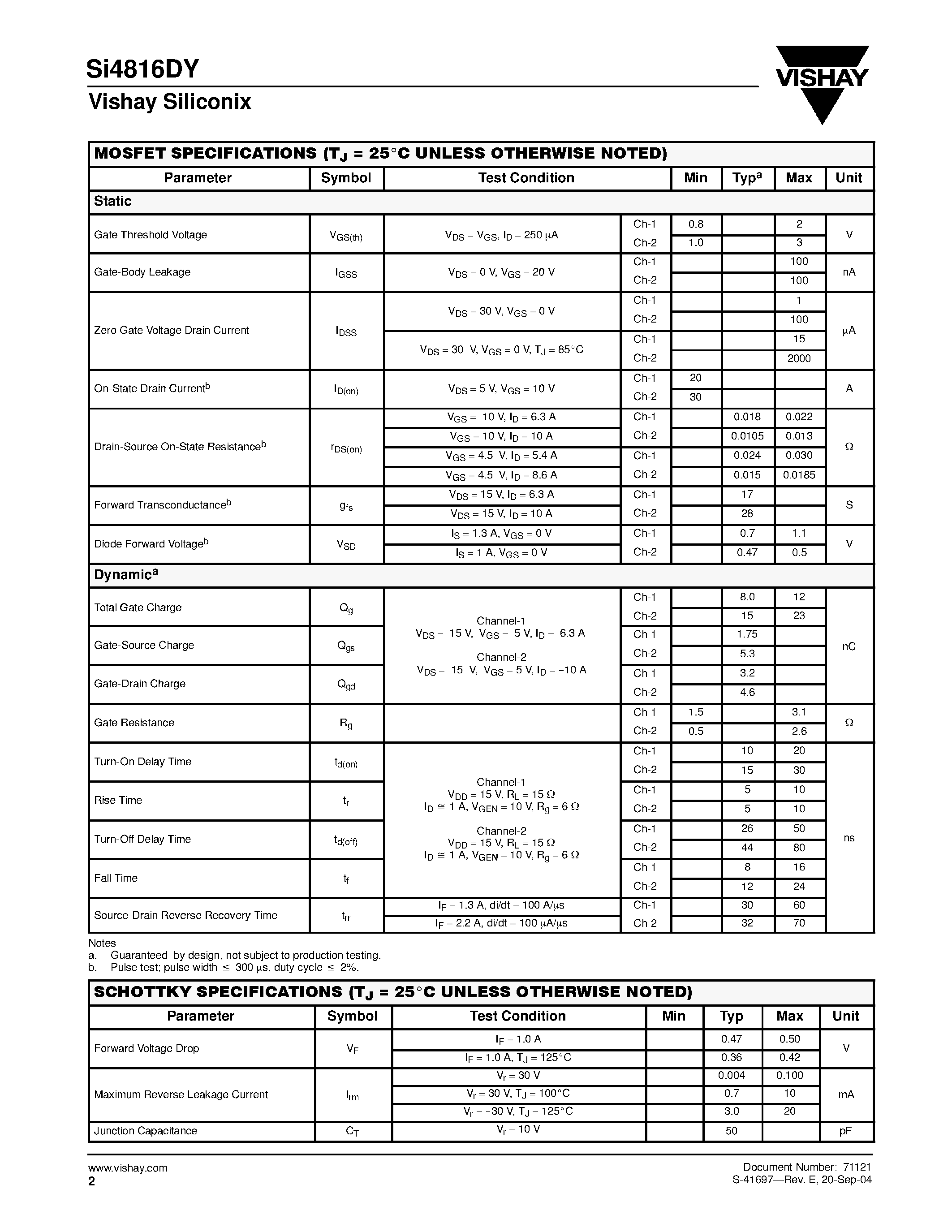 Datasheet SI4816DY - Dual N-Channel 30-V (D-S) MOSFET with Schottky Diode page 2