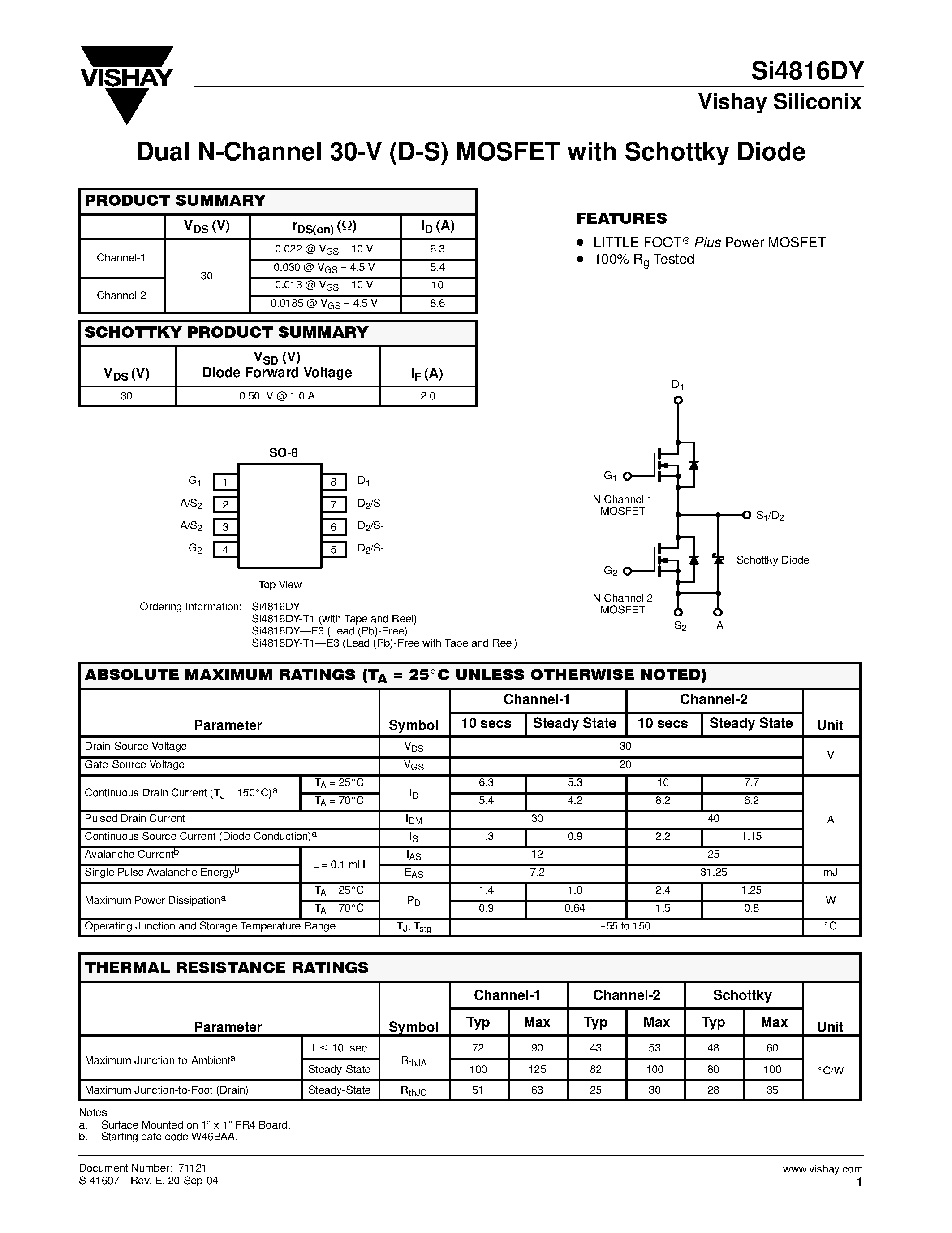 Даташит SI4816DY-T1-E3 - Dual N-Channel 30-V (D-S) MOSFET with Schottky Diode страница 1