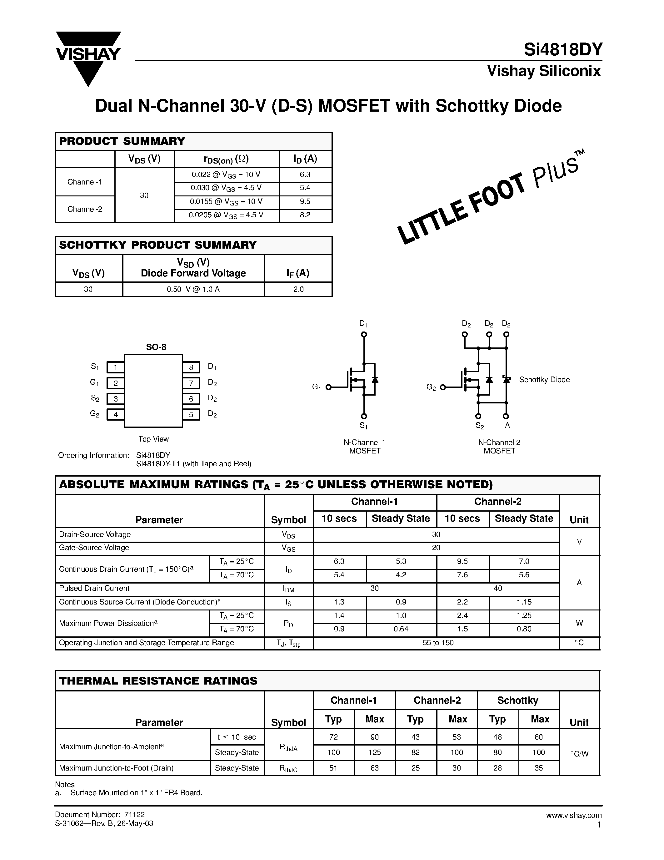 Даташит Si4818DY - Dual N-Channel 30-V (D-S) MOSFET with Schottky Diode страница 1