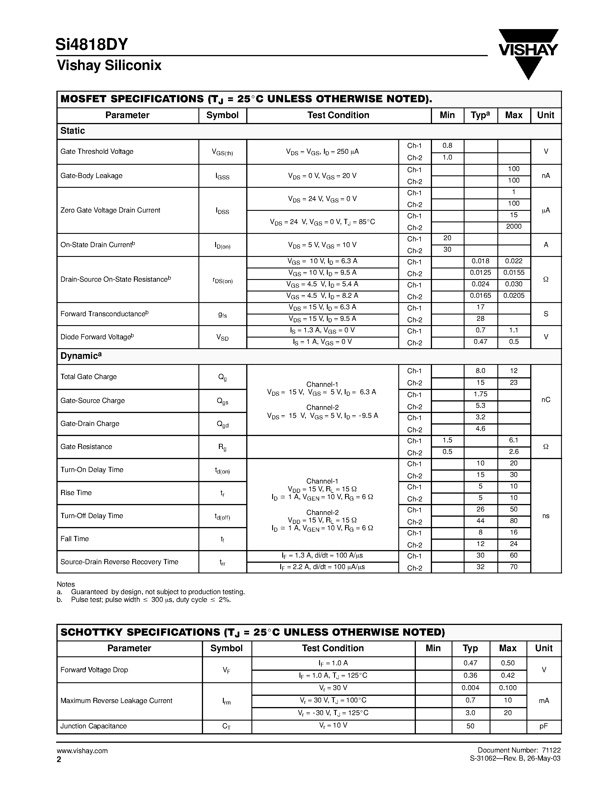 Даташит Si4818DY - Dual N-Channel 30-V (D-S) MOSFET with Schottky Diode страница 2