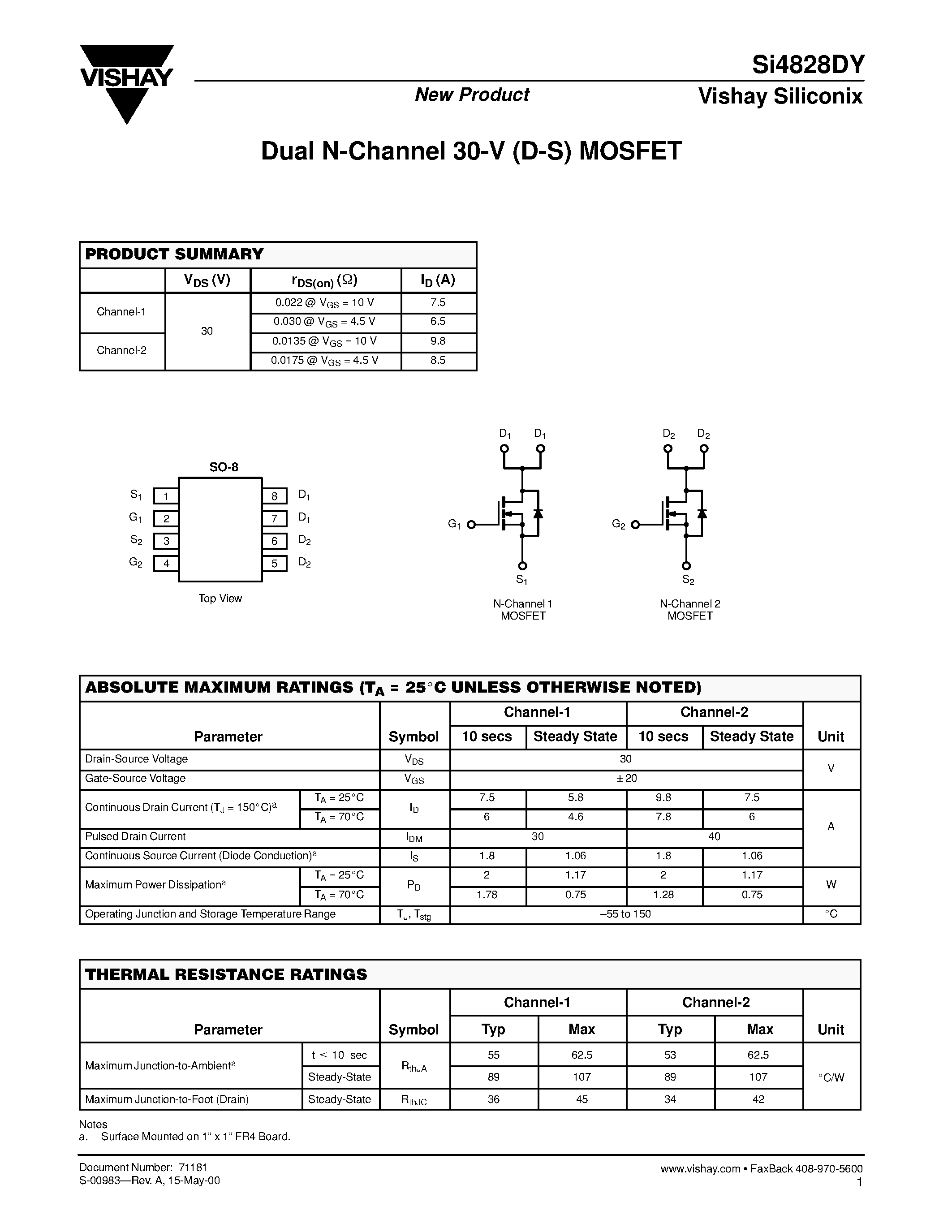 Даташит SI4828DY - Dual N-Channel 30-V (D-S) MOSFET страница 1