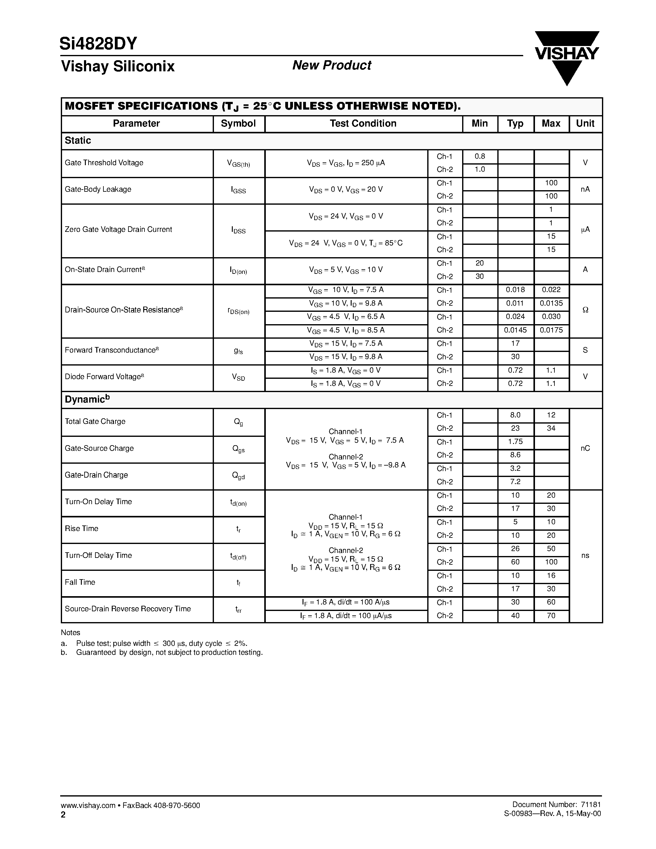 Даташит SI4828DY - Dual N-Channel 30-V (D-S) MOSFET страница 2