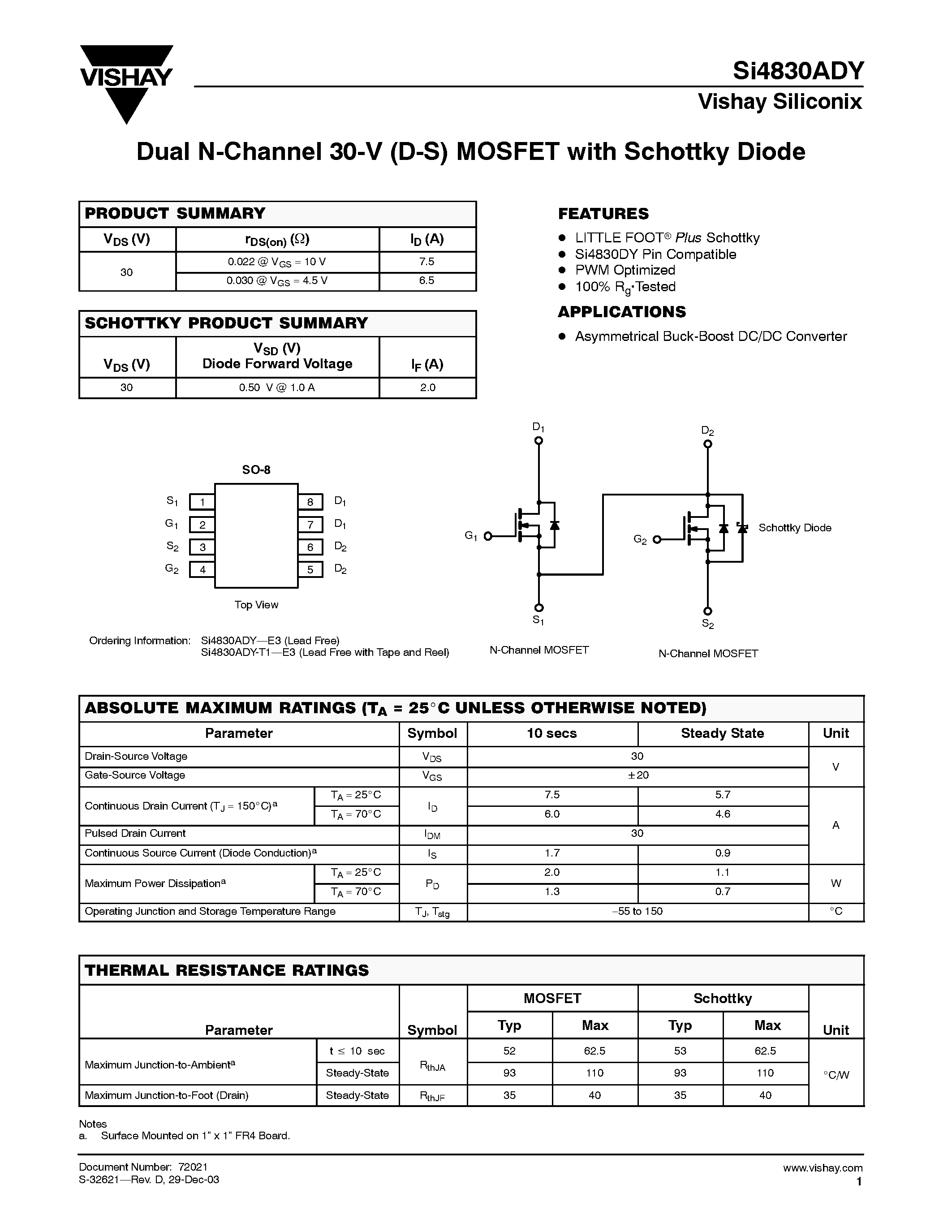 Даташит Si4830ADY - Dual N-Channel 30-V (D-S) MOSFET with Schottky Diode страница 1