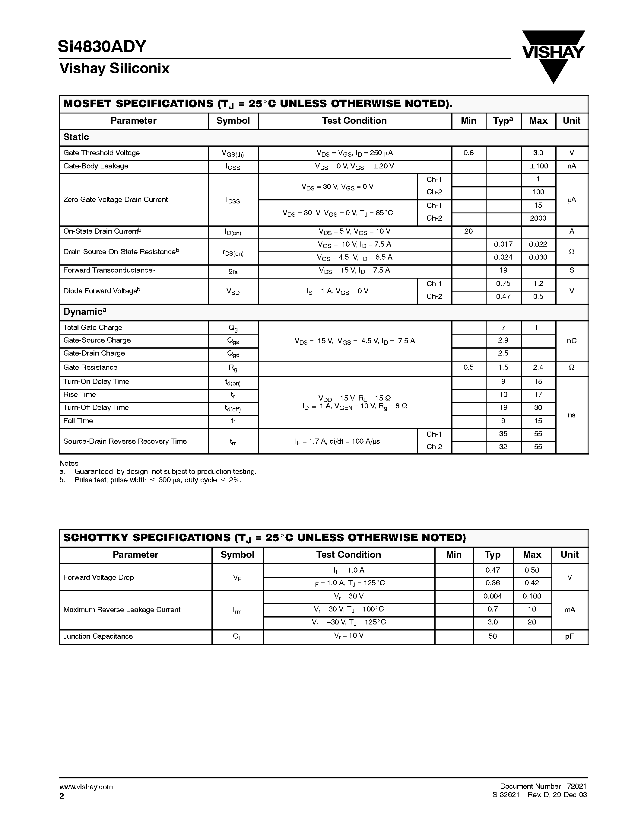 Даташит Si4830ADY - Dual N-Channel 30-V (D-S) MOSFET with Schottky Diode страница 2