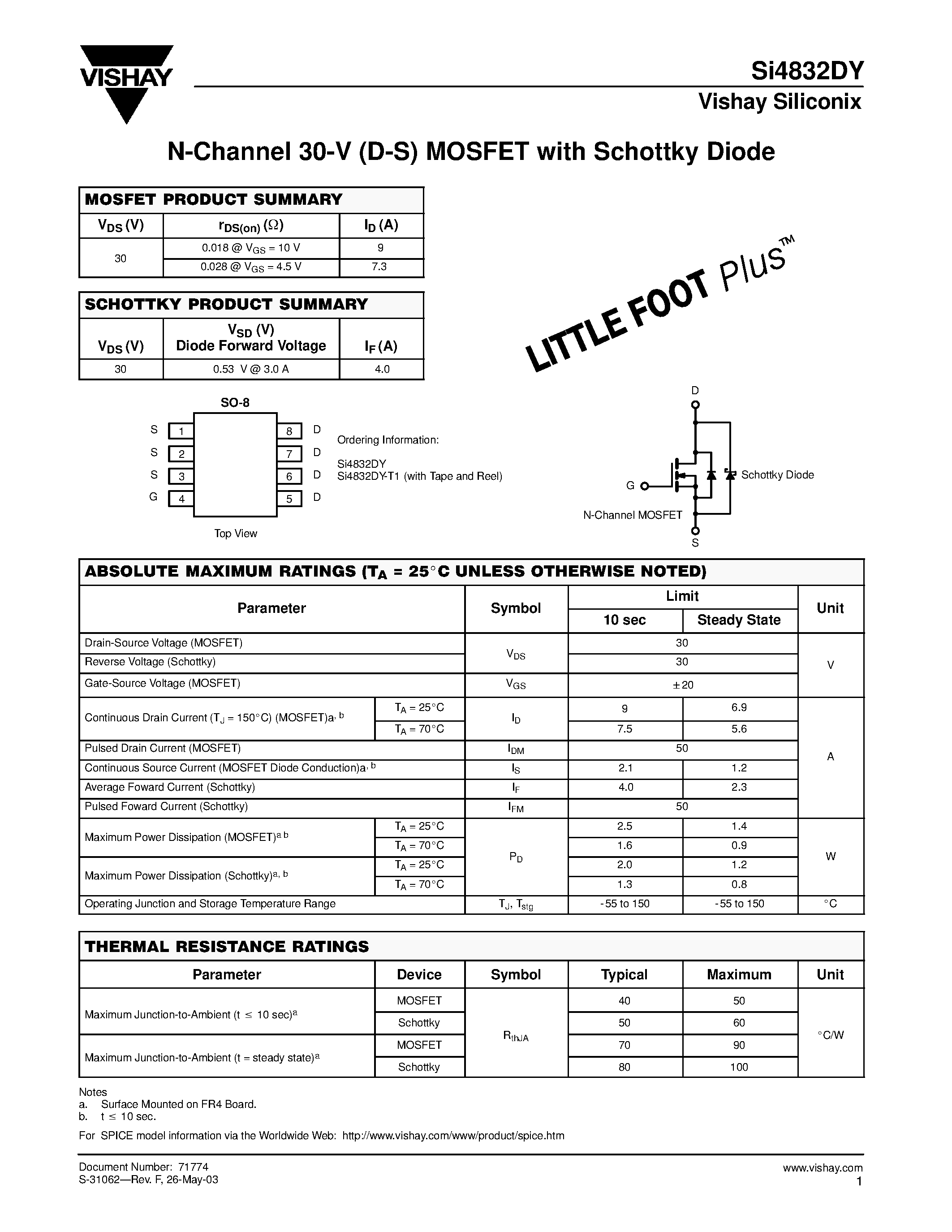 Даташит SI4832DY-T1 - N-Channel 30-V (D-S) MOSFET with Schottky Diode страница 1