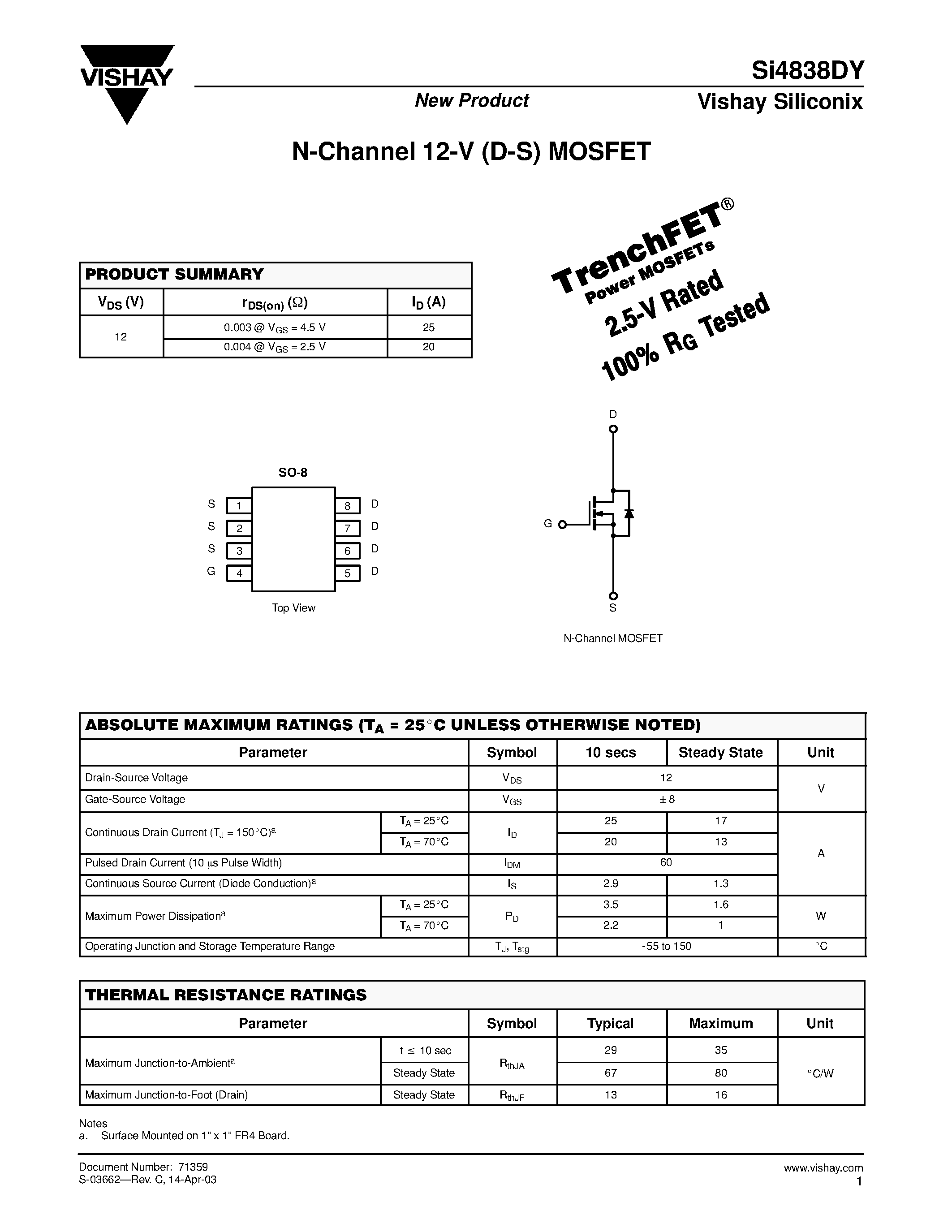 Даташит SI4838DY - N-Channel 12-V (D-S) MOSFET страница 1