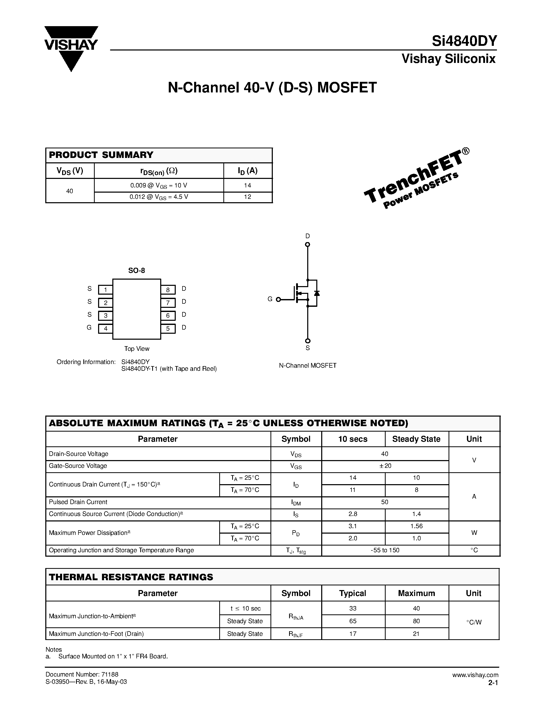 Даташит SI4840DY - N-Channel 40-V (D-S) MOSFET страница 1