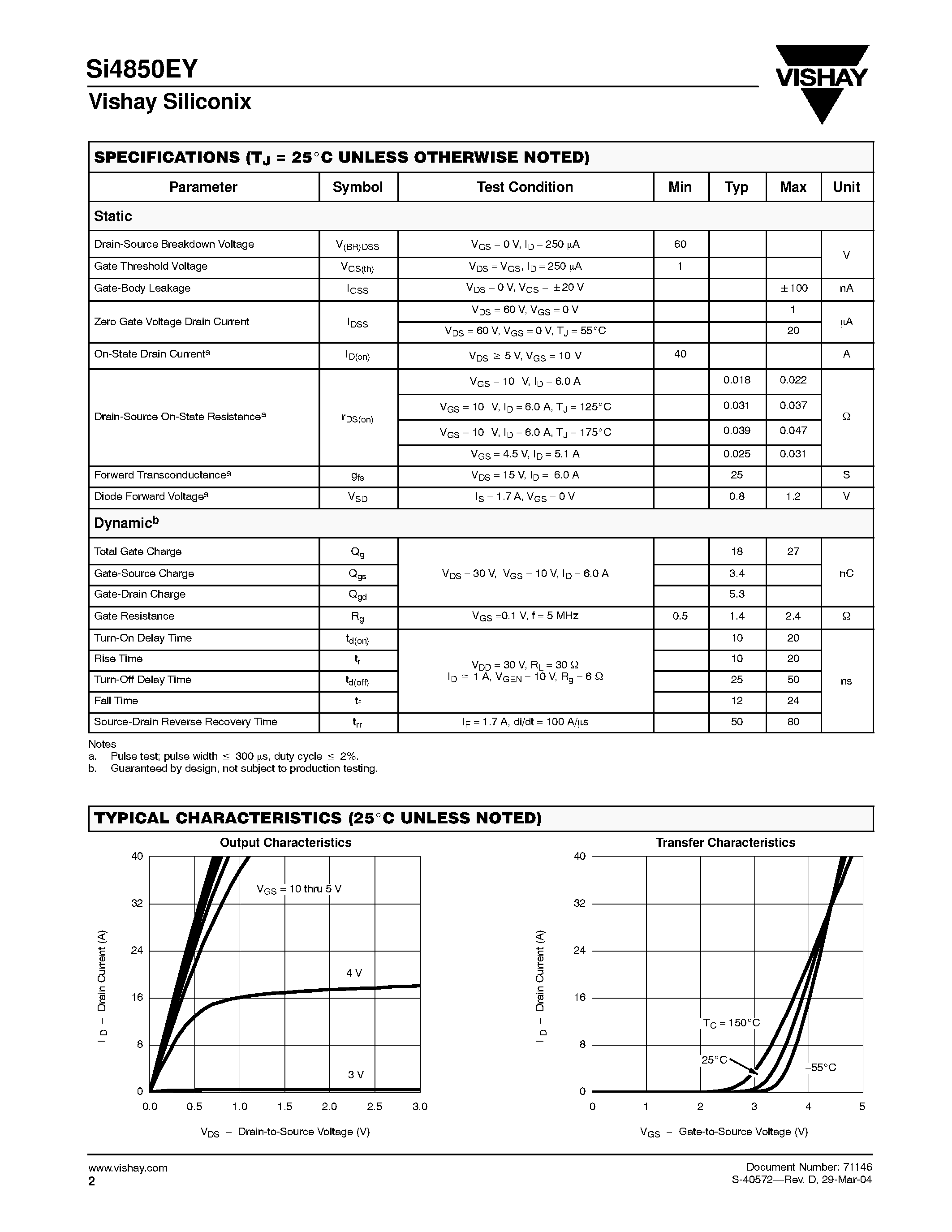 Datasheet SI4850EY-E3 - N-Channel Reduced Qg/ Fast Switching MOSFET page 2
