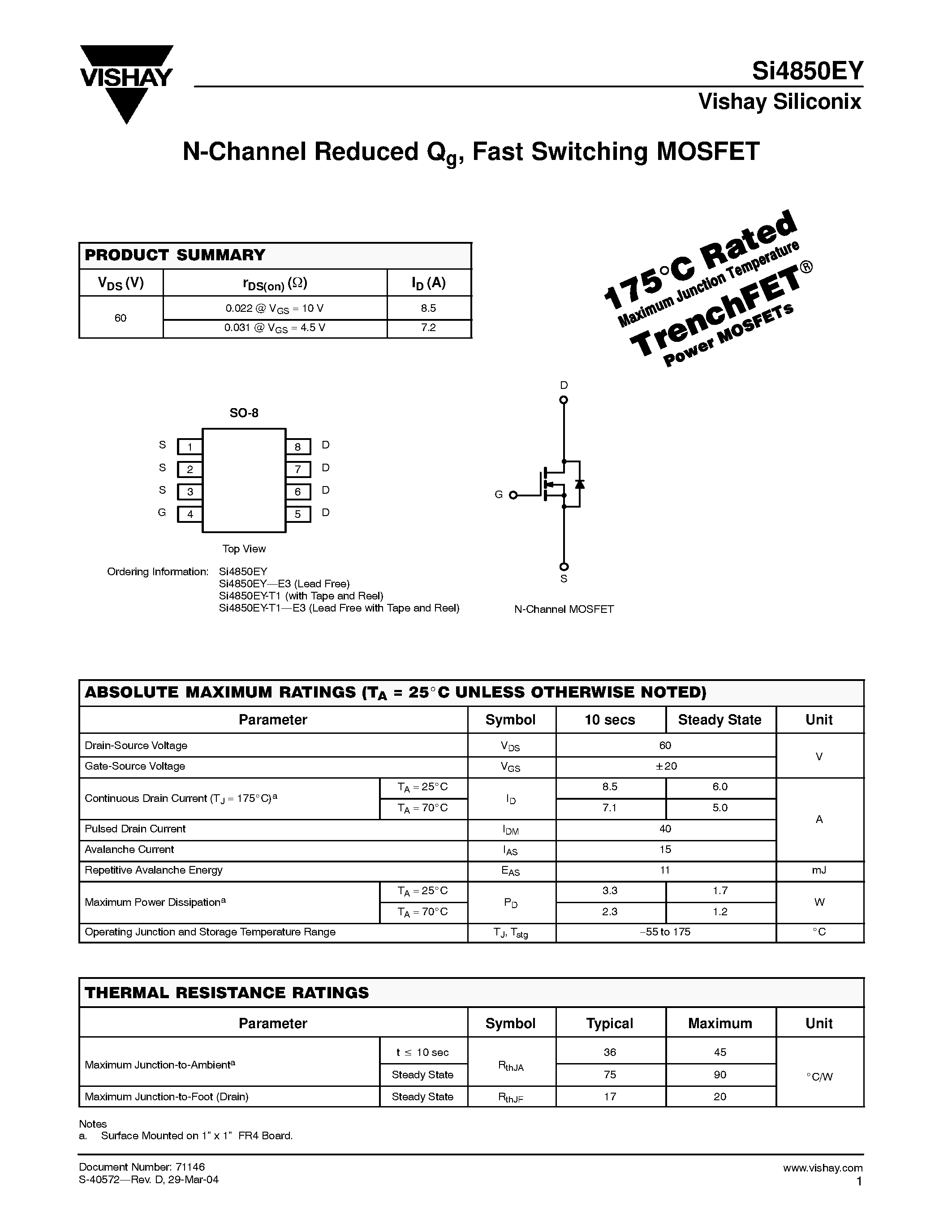 Datasheet SI4850EY-T1 - N-Channel Reduced Qg/ Fast Switching MOSFET page 1
