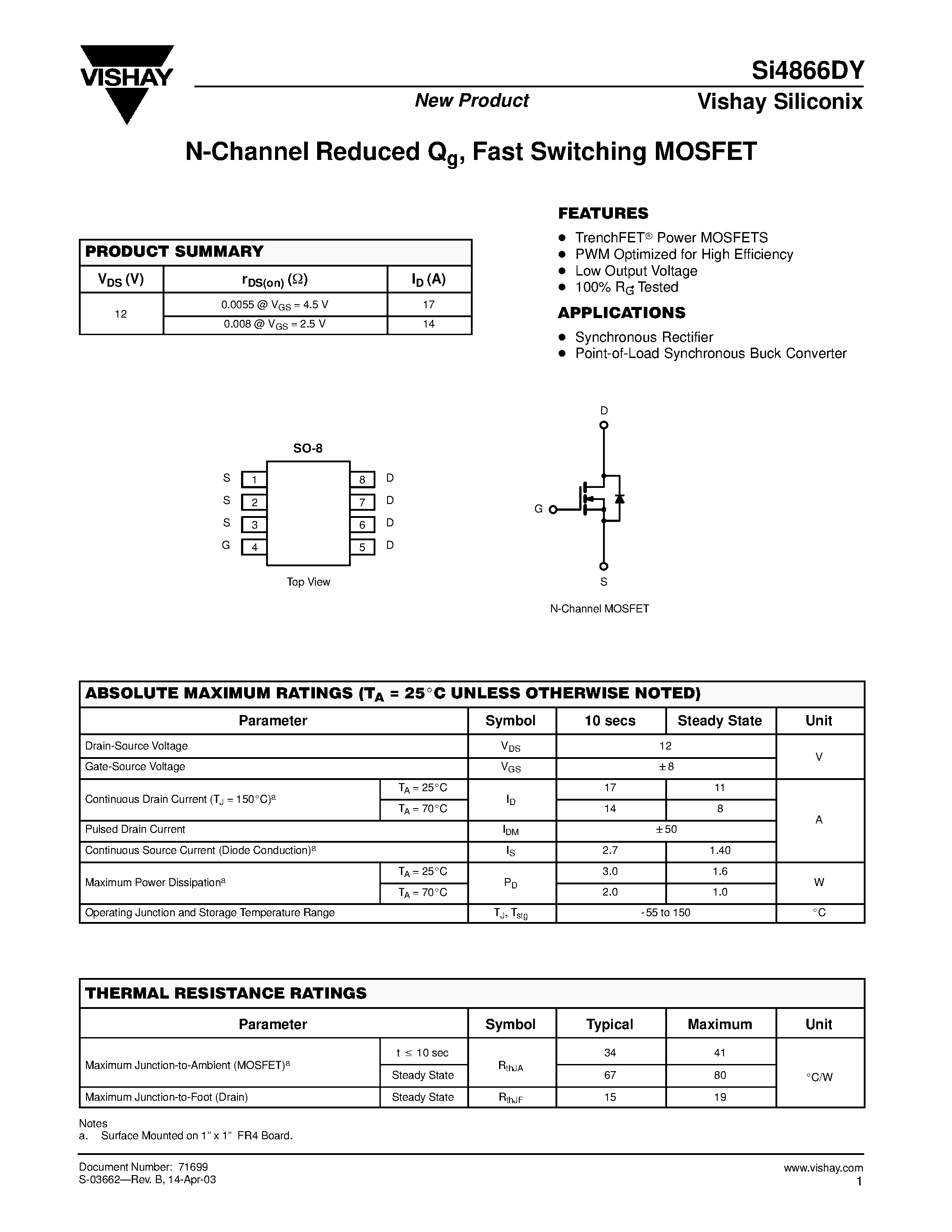 Datasheet SI4866DY - N-Channel Reduced Qg/ Fast Switching MOSFET page 1