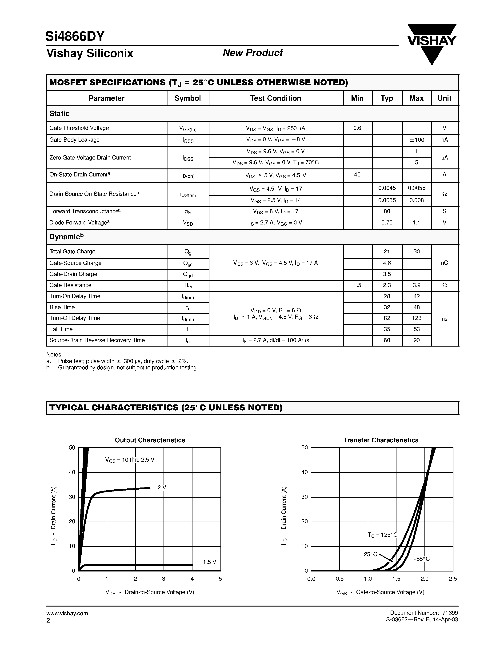 Datasheet SI4866DY - N-Channel Reduced Qg/ Fast Switching MOSFET page 2