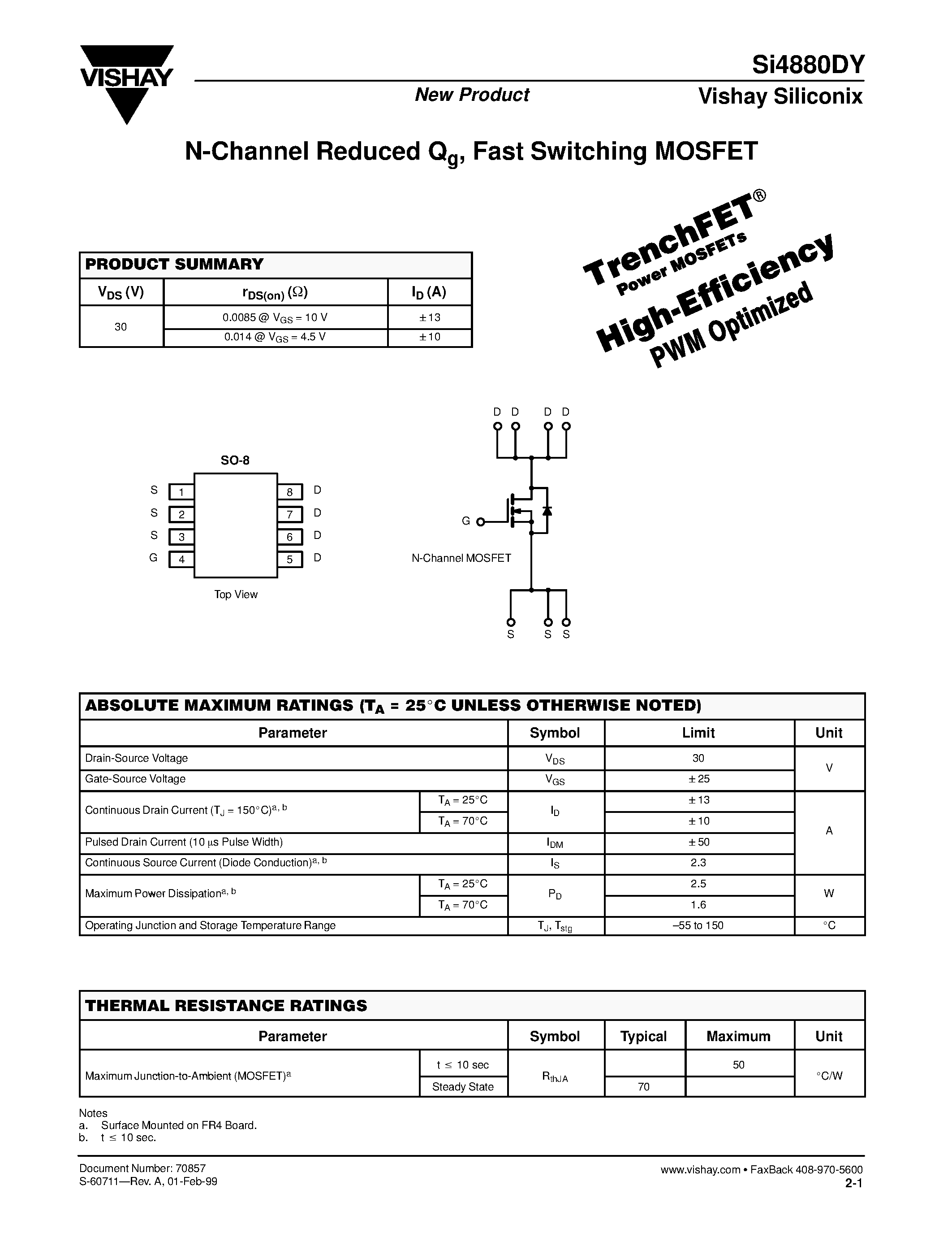 Datasheet SI4880DY page 1 Datasheet SI4880DY - N-Channel Reduced Qg/ Fast Switching MOSFET page 1