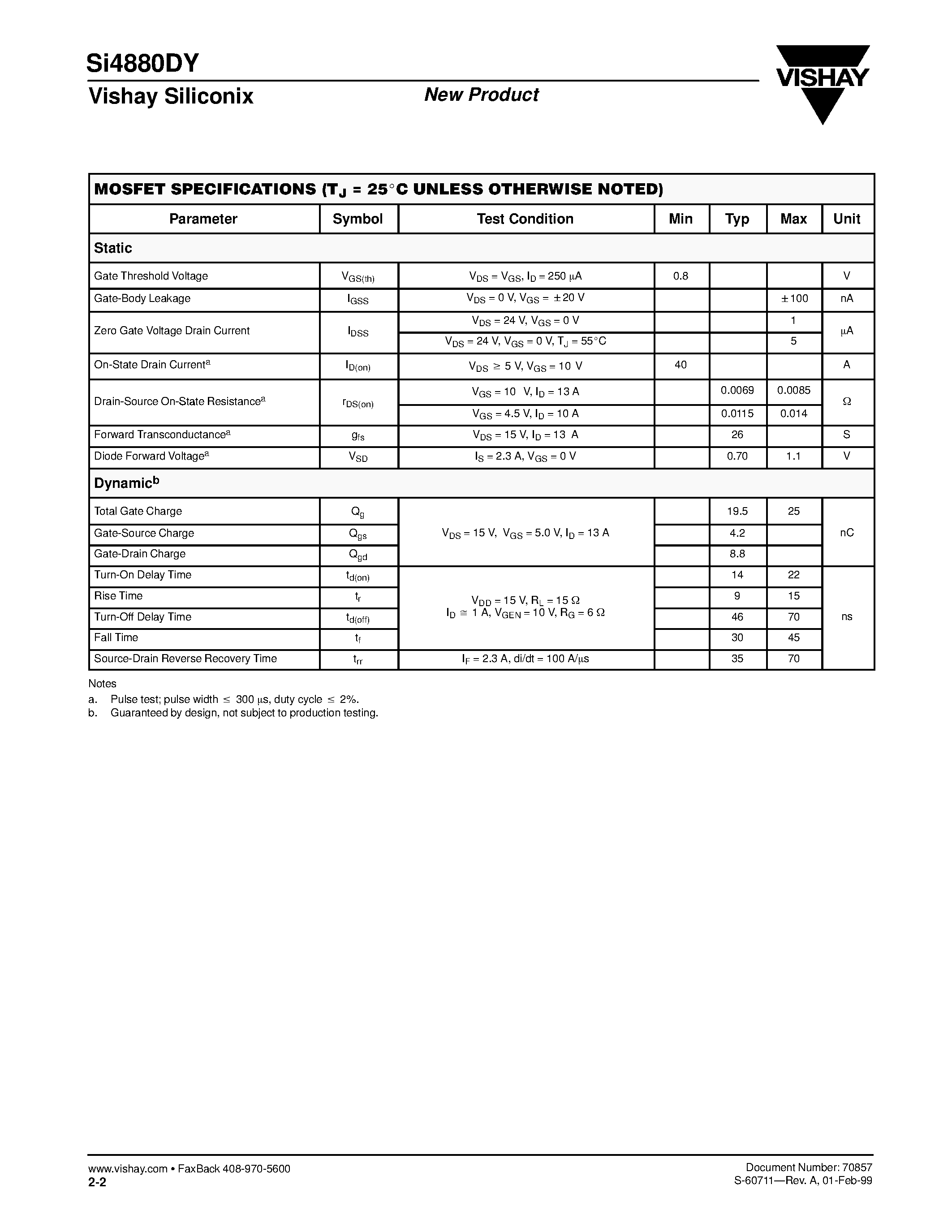 Datasheet SI4880DY page 2 Datasheet SI4880DY - N-Channel Reduced Qg/ Fast Switching MOSFET page 2