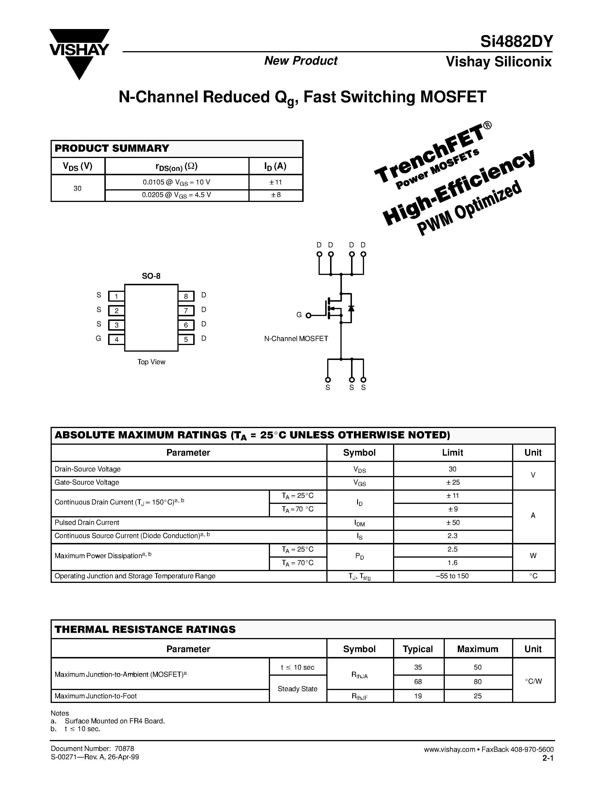 Datasheet SI4882DY - N-Channel Reduced Qg/ Fast Switching MOSFET page 1
