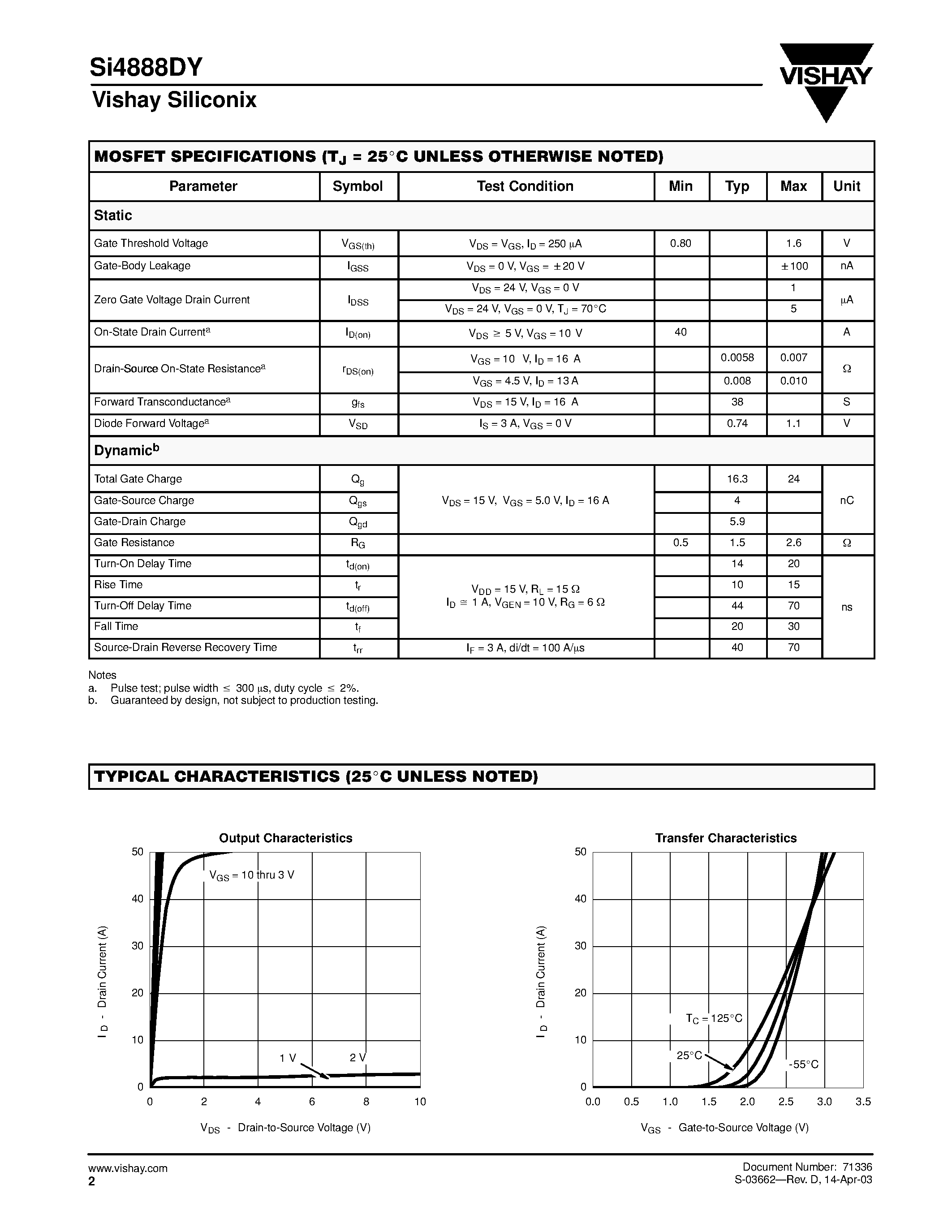 Datasheet Si4888DY - N-Channel Reduced Qg/ Fast Switching MOSFET page 2