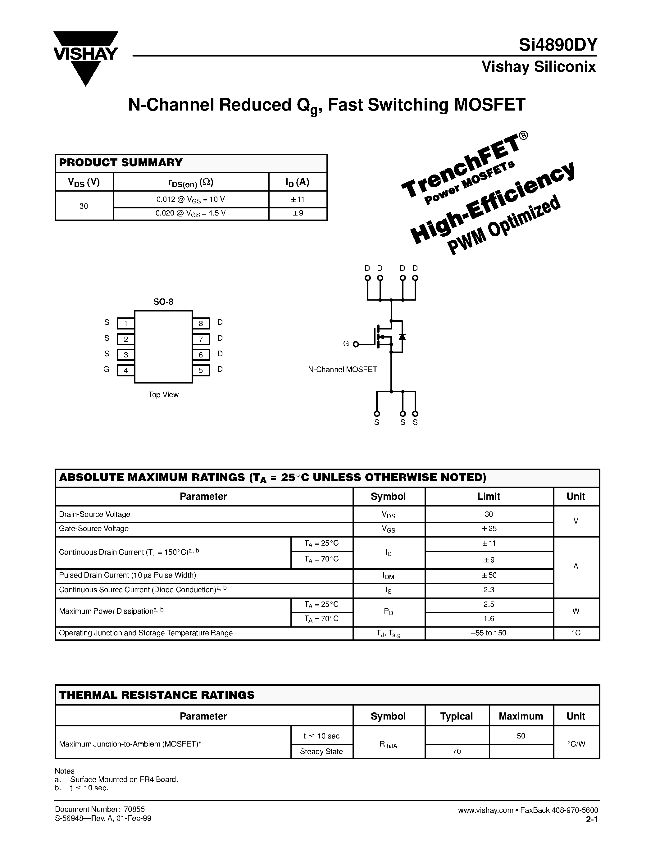 Datasheet SI4890DY page 1 Datasheet SI4890DY - N-Channel Reduced Qg/ Fast Switching MOSFET page 1