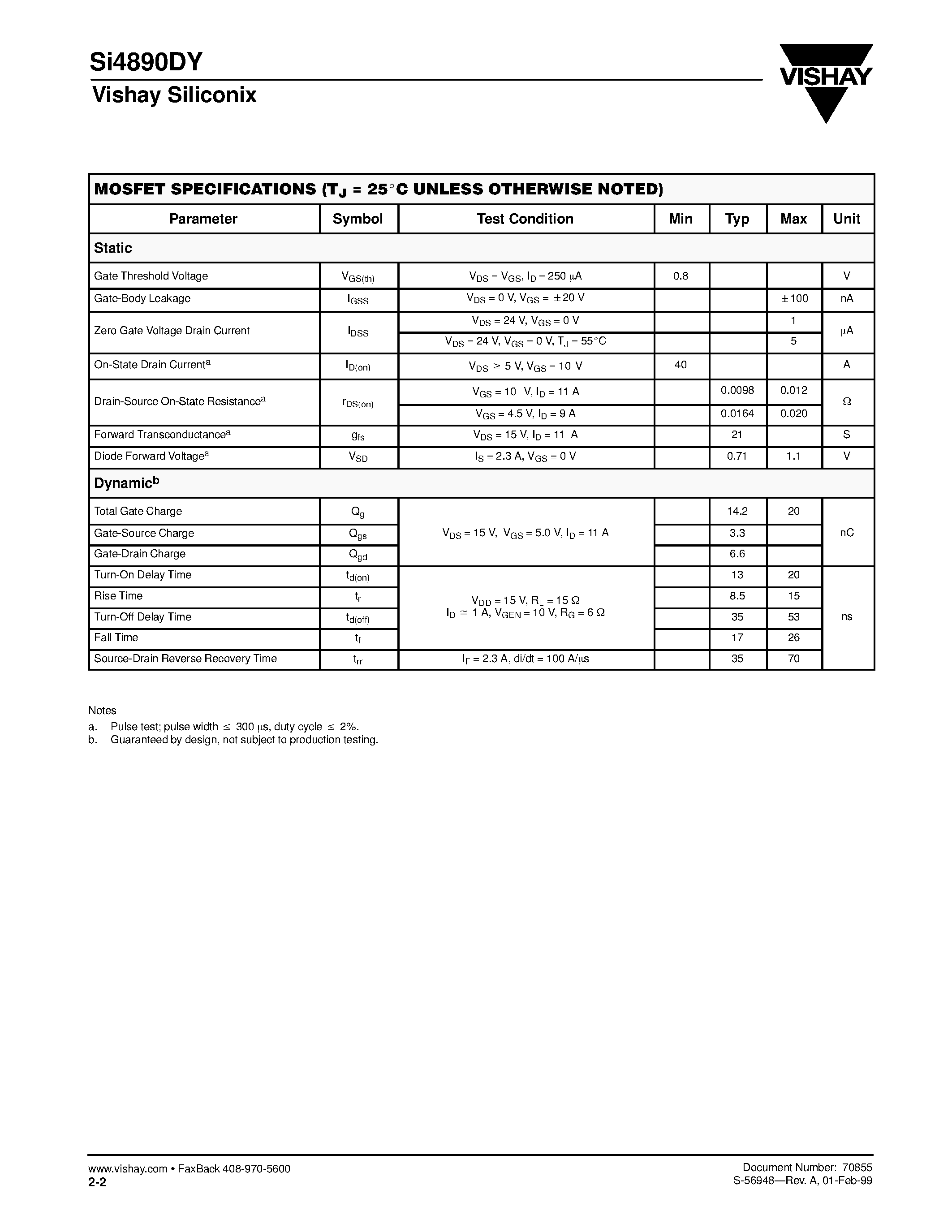 Datasheet SI4890DY page 2 Datasheet SI4890DY - N-Channel Reduced Qg/ Fast Switching MOSFET page 2