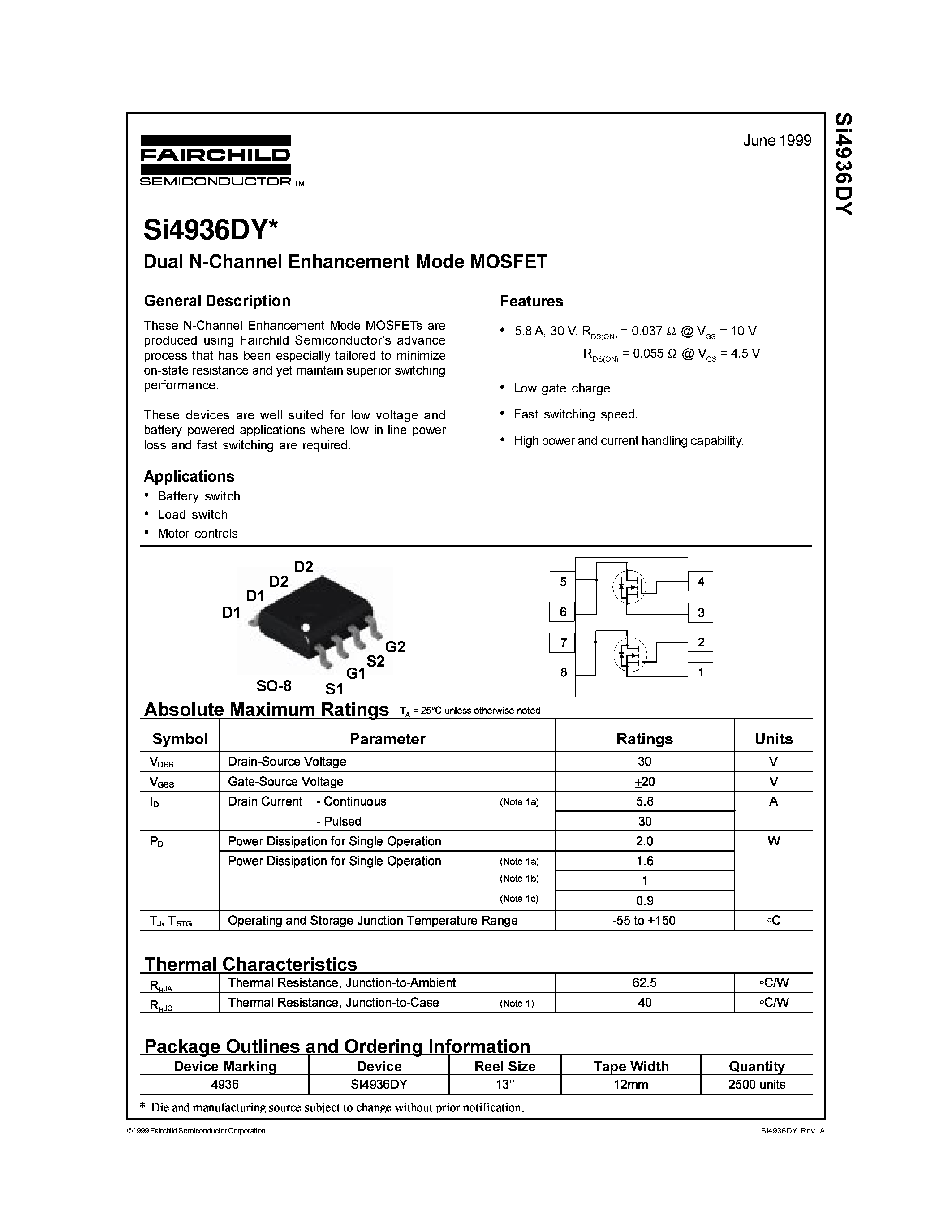 Datasheet SI4936 - Dual N-Channel Enhancement Mode MOSFET page 1