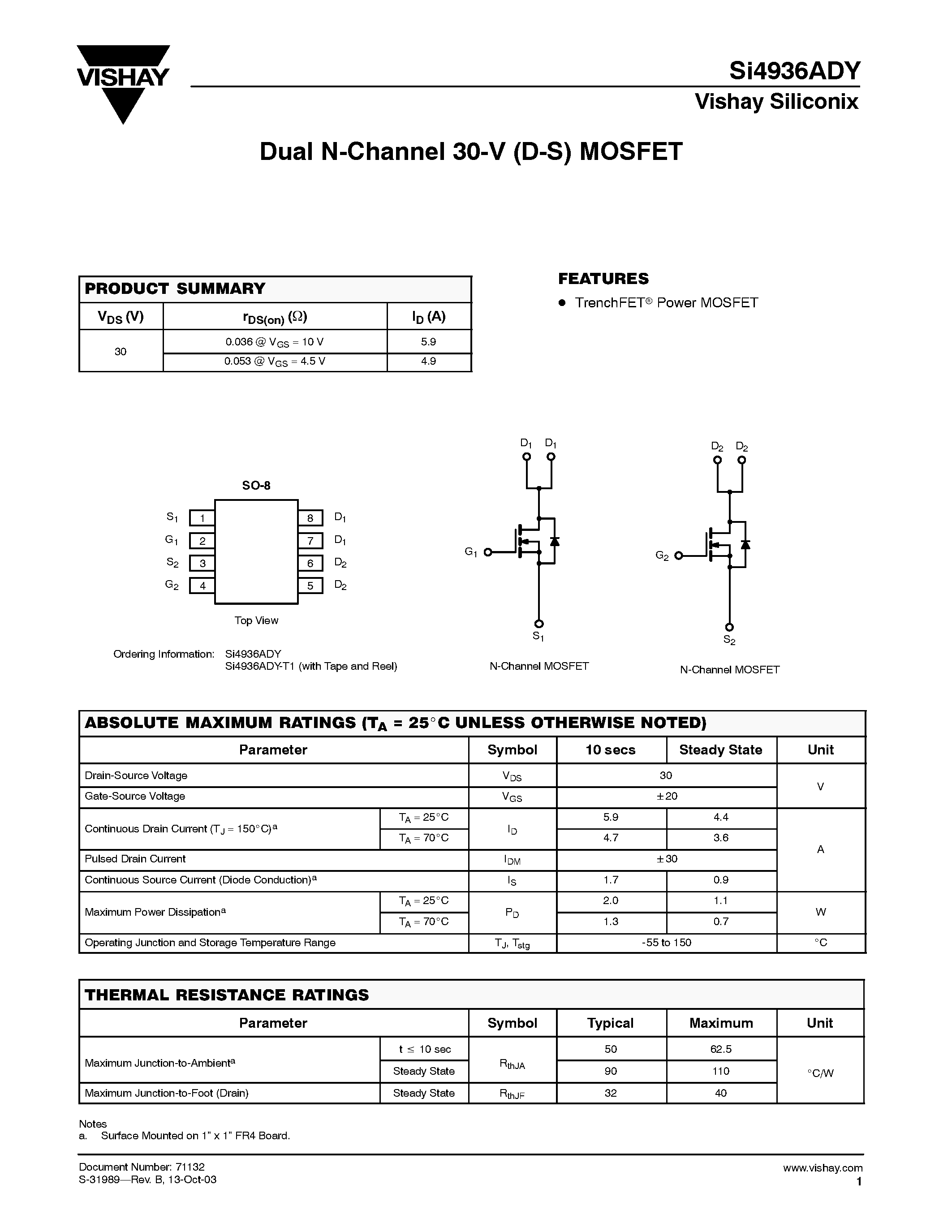 Даташит SI4936ADY - Dual N-Channel 30-V (D-S) MOSFET страница 1