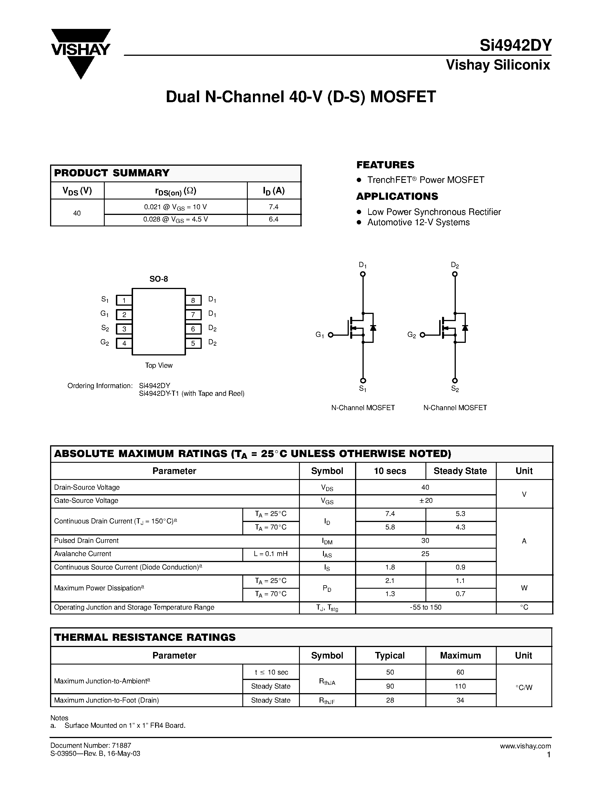 Даташит SI4942DY - Dual N-Channel 40-V (D-S) MOSFET страница 1