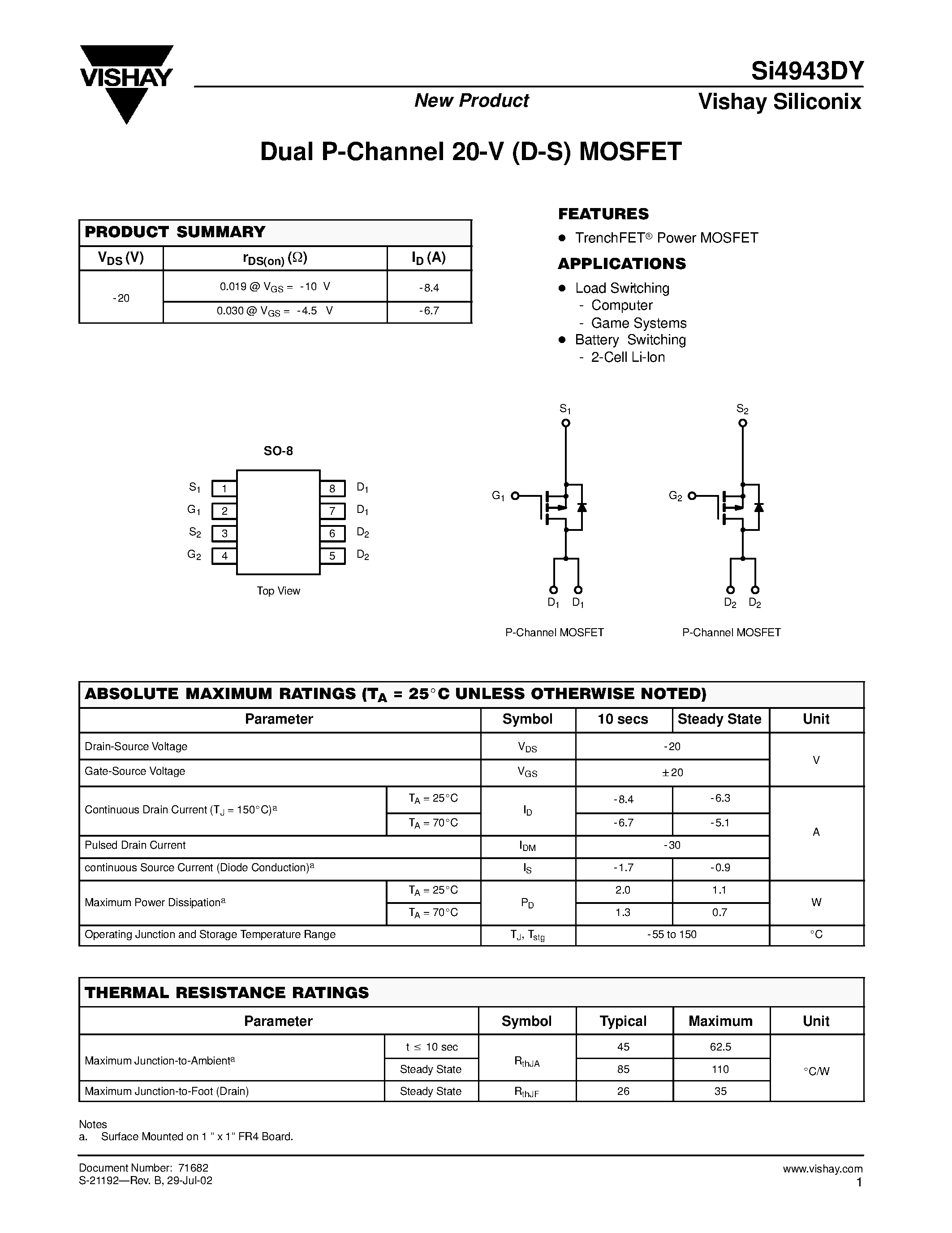 Datasheet SI4943DY - Dual P-Channel 20-V (D-S) MOSFET page 1