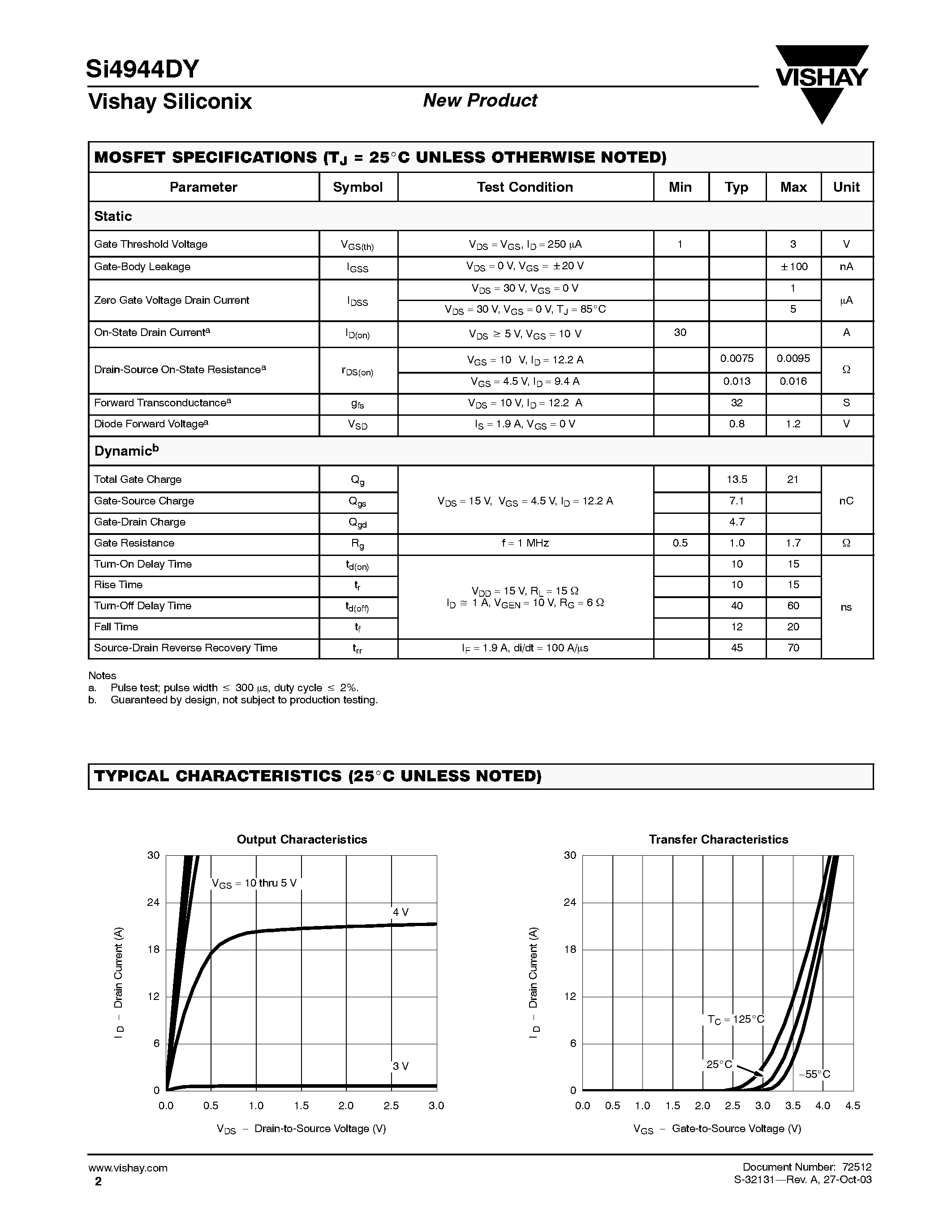 Даташит SI4944DY - Dual N-Channel 30-V (D-S) MOSFET страница 2