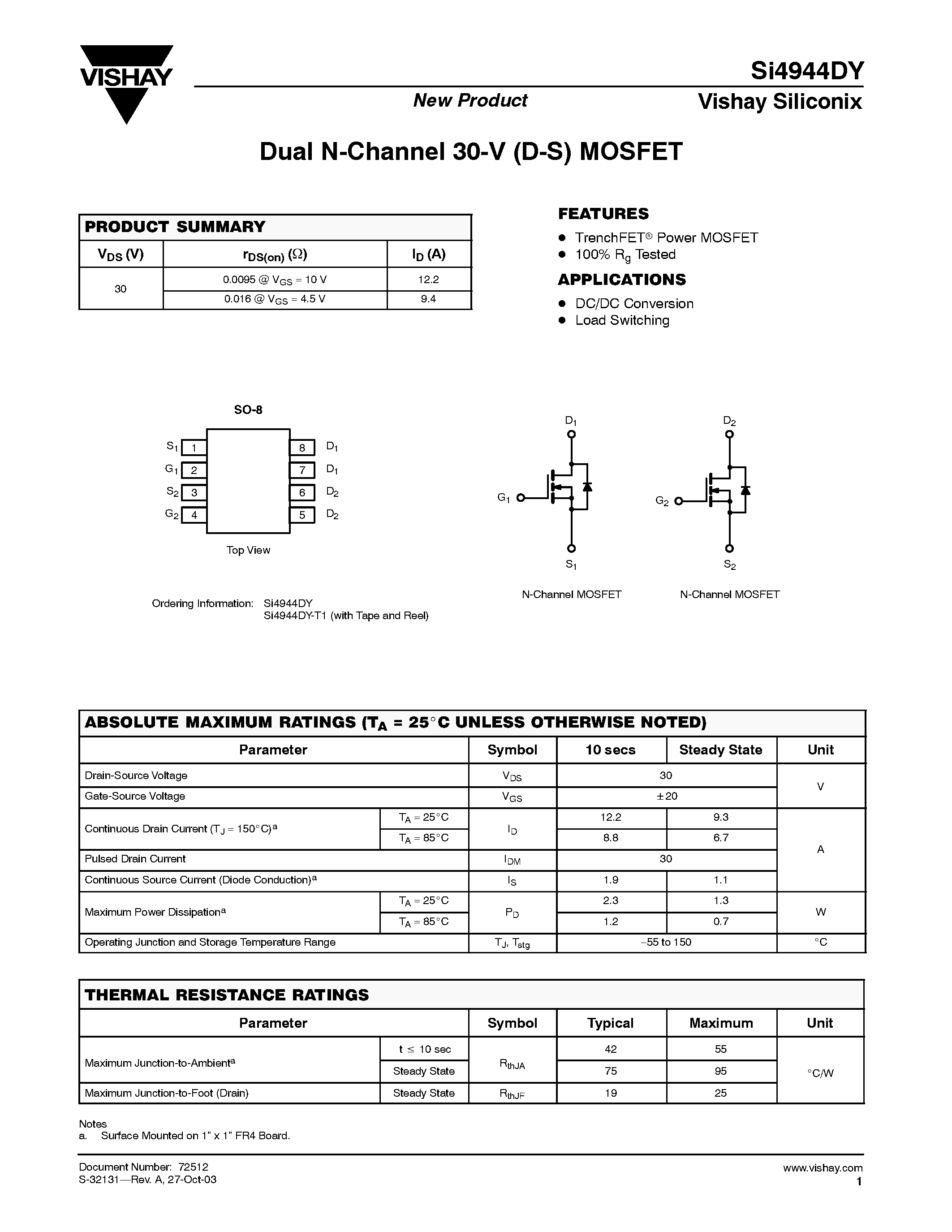 Даташит Si4944DY-T1 - Dual N-Channel 30-V (D-S) MOSFET страница 1